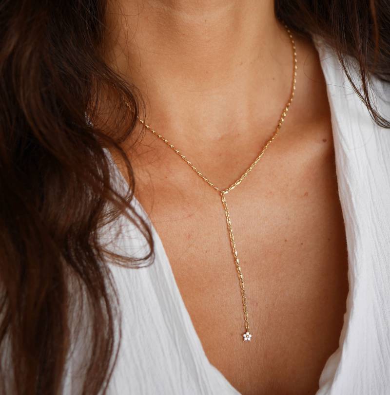 Lange Lasso Y-Halskette - Vergoldete Halskette Goldene Krawattenhalskette Minimalistisch Dünne Sternkette Strassstern Lange von silverbirdjewels