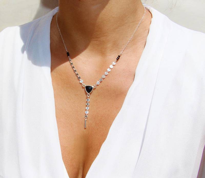 Lasso-Halskette Zeichenfolge Y - Schneiden Stein Schwarzer Onyx Halskette Silber Schwarz Glaskristalle Kette Runde Kreise Boho-Halskette von silverbirdjewels