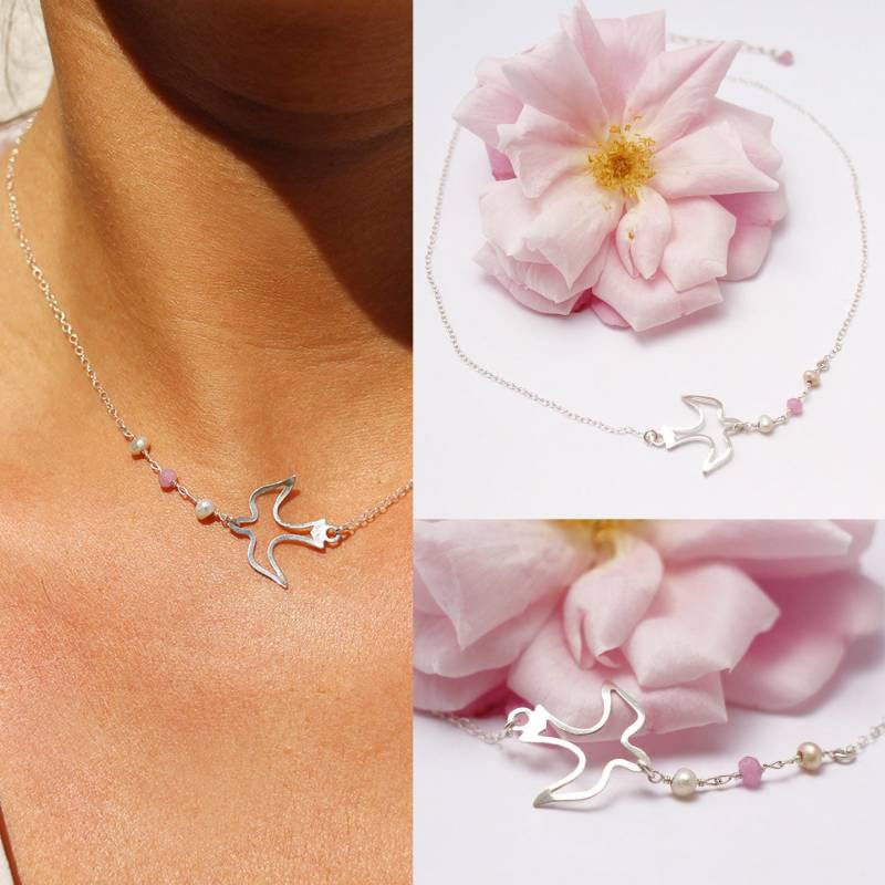 Muttertag Geschenkvogelkette "Dove Open" in Sterling Silber 925, Rosa Jade Pearl Und Süßwasserperlen von silverbirdjewels