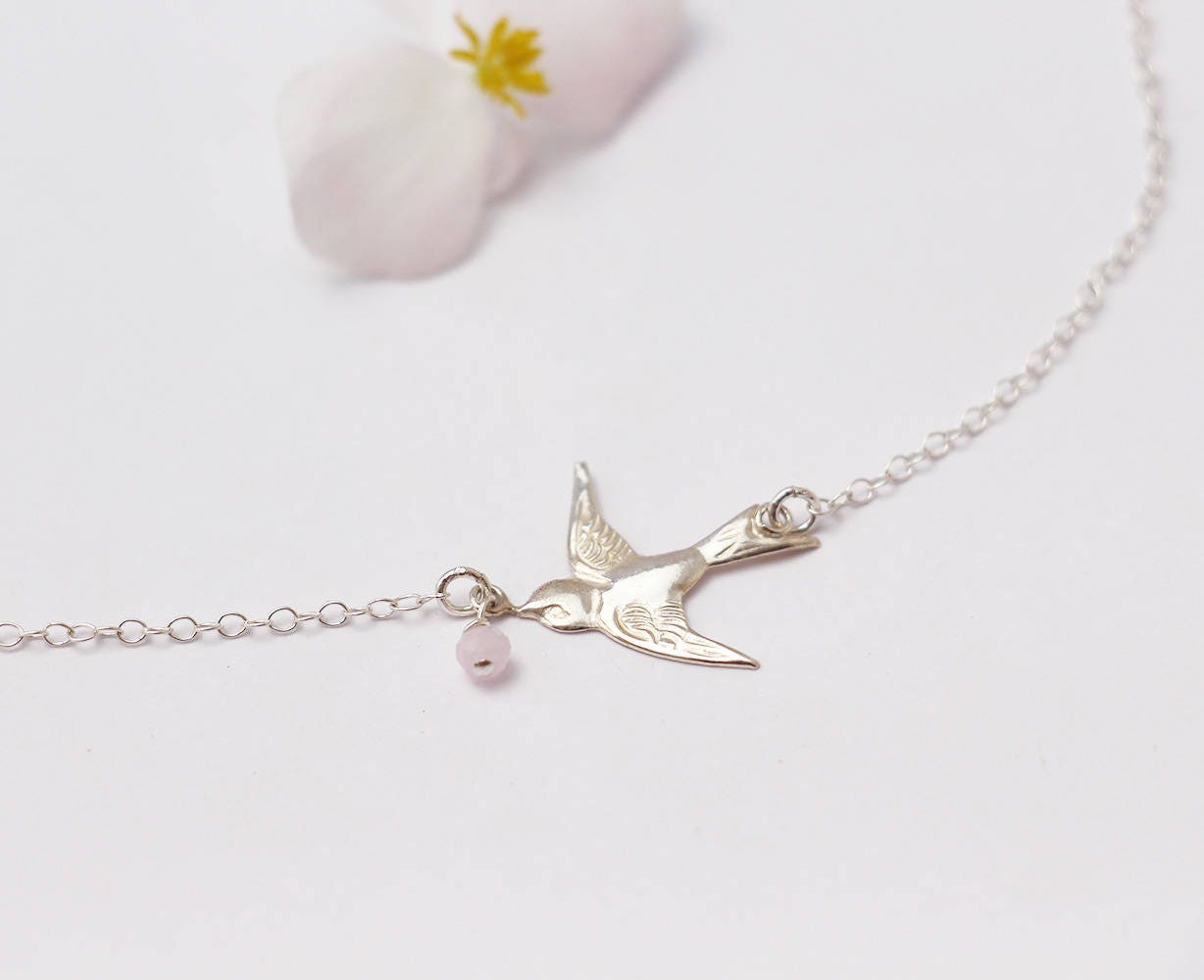 Muttertagsgeschenk - Schlucken Vogel Halskette Massive Silber Feine Kette 925 Pastell Rosa Glas Kristalle Elegante Juwel von silverbirdjewels