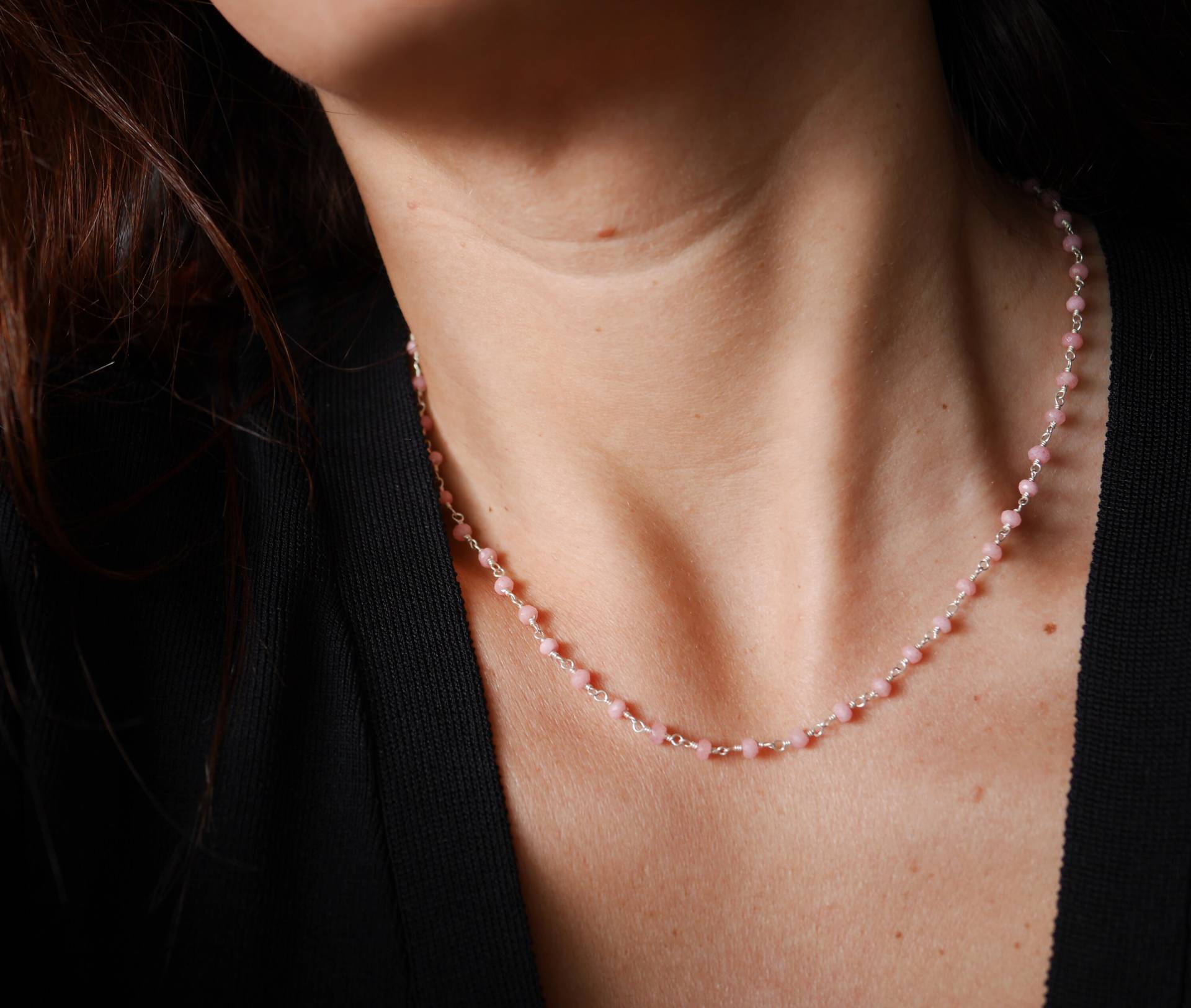 Pastell Rosa Stein - 925 Silber Halskette Kette Rosenkranz Kurz in Steinen Chalzedon Perlen Rosa von silverbirdjewels