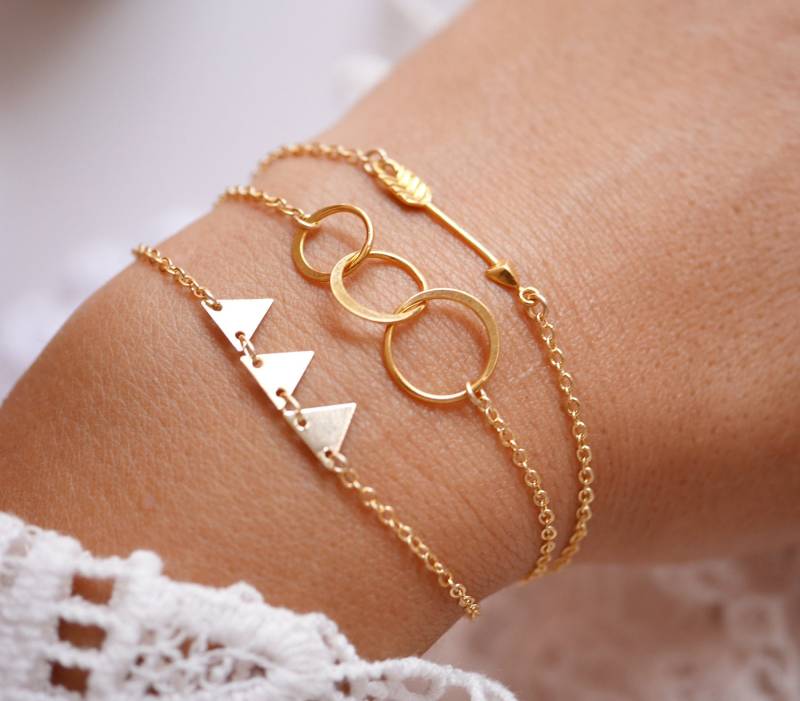 Satz Von 3 Gold - Plated Armbänder Armband Kreise Dreiecken-Armband Golden Arrow Verschachtelte Stapeln Zwecke von silverbirdjewels