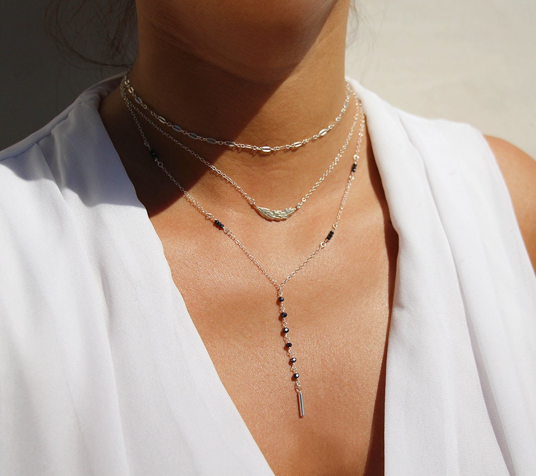 Set Mit 3 Halsketten Aus 925Er Silber - Lange Y-Lasso-Halskette Schwarze Hämatit-Schliffsteine Silbernes Halsband Halskette Windungen Reihen von silverbirdjewels