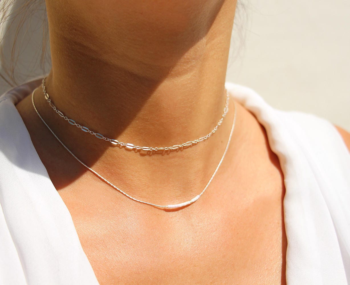 Set Aus 2 Feinen Halsketten, Schlangenkette Massivem 925Er Silber Und Blassrosa Weißen Miyuki-Perlen + Kette von silverbirdjewels