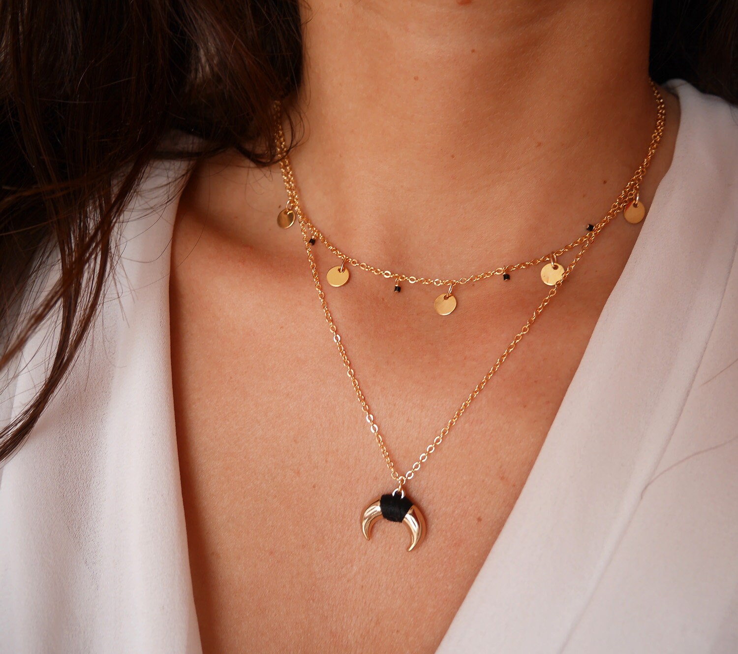 Set Aus 2 Vergoldeten Halsketten - Fünf Medaillen Goldene Kreise Schwarze Miyuki-Perlen Halbmond-Halskette Scheiben-Halskette von silverbirdjewels