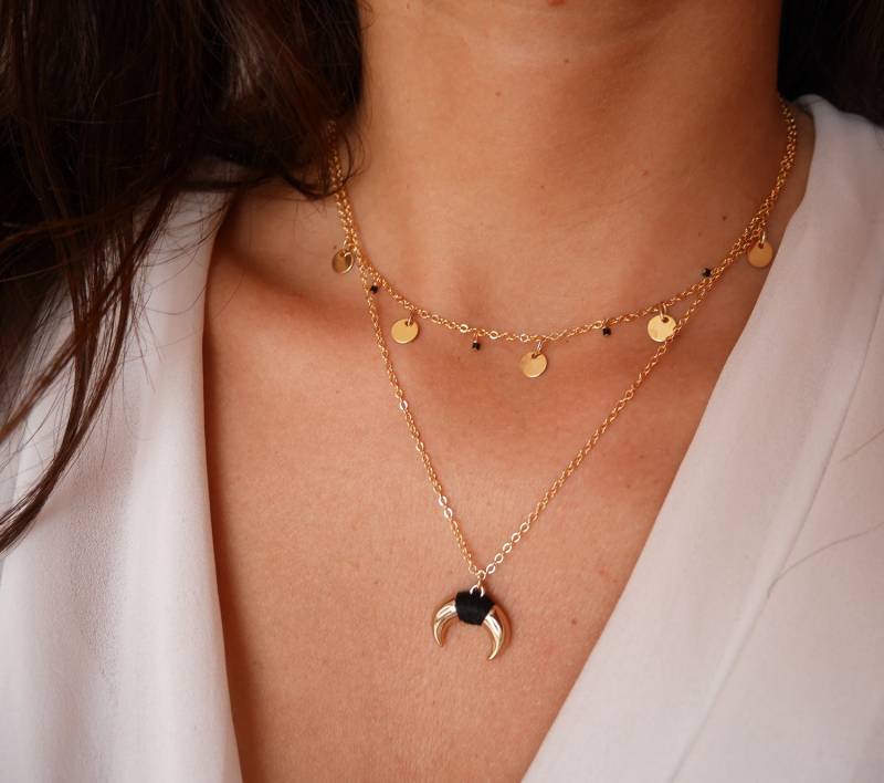 Set Aus 2 Vergoldeten Halsketten - Fünf Medaillen Goldene Kreise Schwarze Miyuki-Perlen Halbmond-Halskette Scheiben-Halskette von silverbirdjewels