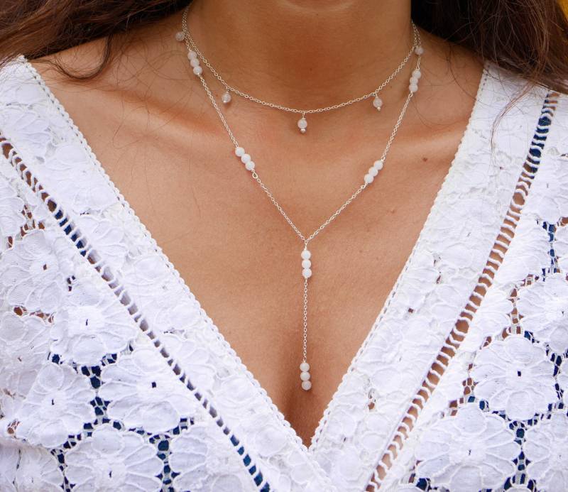 Set Mit 2 Halsketten - 925Er Silber Krawatten-Halskette Y-Lasso Halsband Weiße Mondsteinperlen Hochzeitsschmuck Weiß von silverbirdjewels