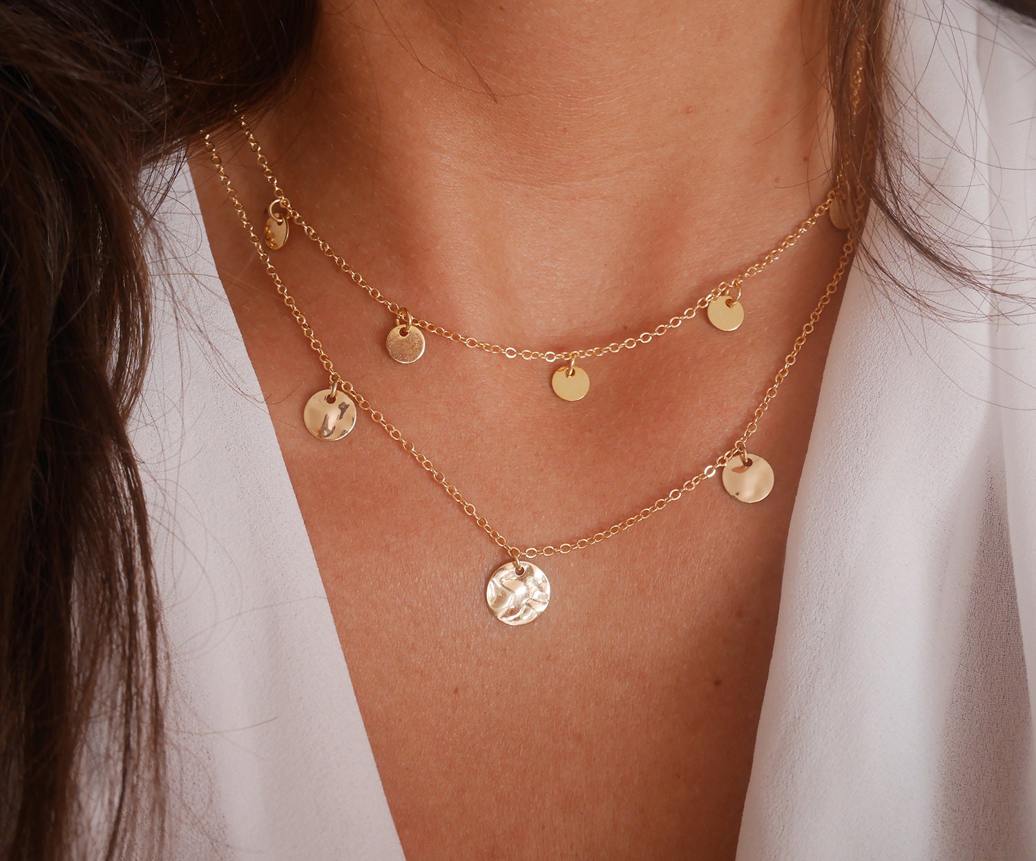 Set Mit 2 Vergoldeten Halsketten - 3 Melierten Medaillen 5 Goldenen Kreisen Boho-Chic Boho Scheiben Zweireihig von silverbirdjewels