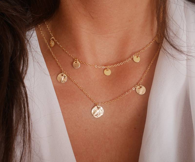 Set Mit 2 Vergoldeten Halsketten - 3 Melierten Medaillen 5 Goldenen Kreisen Boho-Chic Boho Scheiben Zweireihig von silverbirdjewels