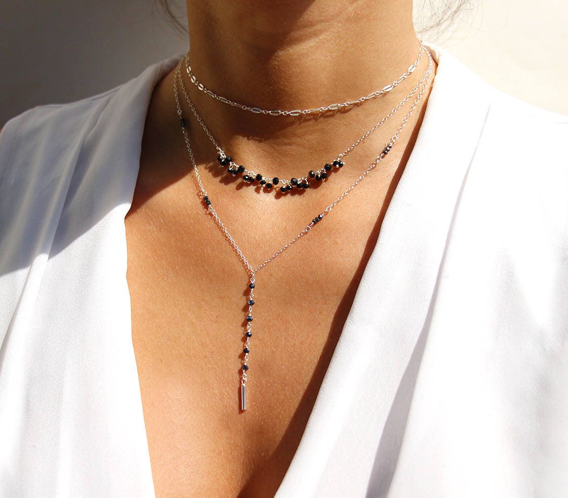 Set Mit 3 Halsketten - 925Er Silber Langes Y Schwarze Hämatitsteine Halsreif Runden Mehrere Reihen Drei Schwarz Und von silverbirdjewels