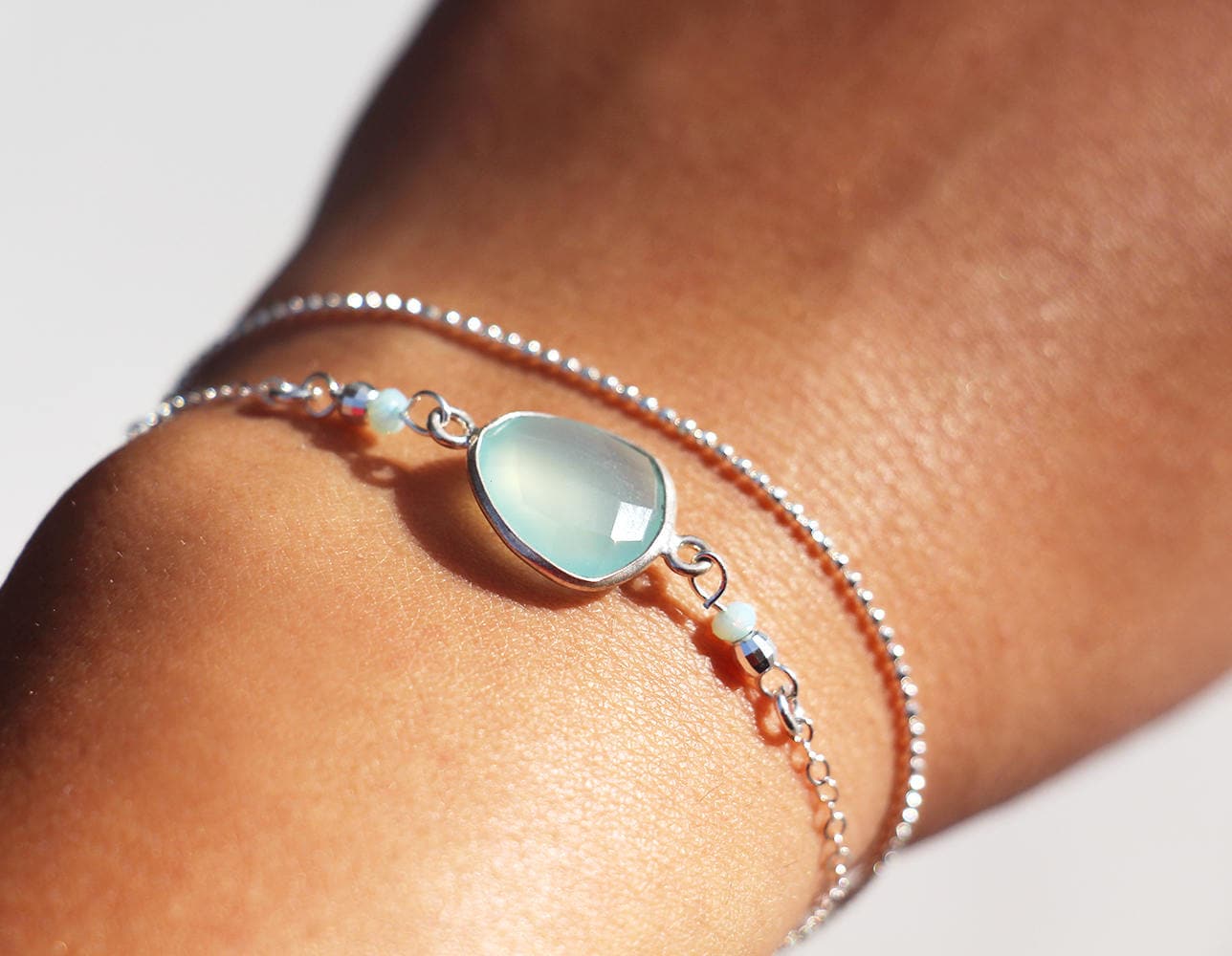 Valentinstag Geschenk - Armband Doppelte Runde Multiturn 925 Solid Silber Kette Kugel Stein Mint Boho von silverbirdjewels