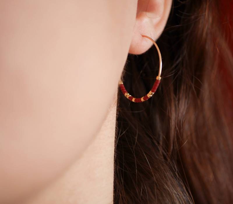 Vergoldete Kreolen - Burgunderrote Und Goldene Miyuki-Perlen Burgunderroter Goldener Schmuck Runde Kreisohrringe von silverbirdjewels