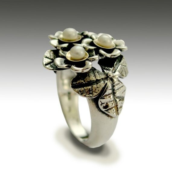 Blumen-Ring, Perlen Ring, Zwei Töne Sterling Silberring, Silber Gelb-Gold-Ring, Blumenring, Wald Ring - Mit Ihnen R1689G von silvercrush