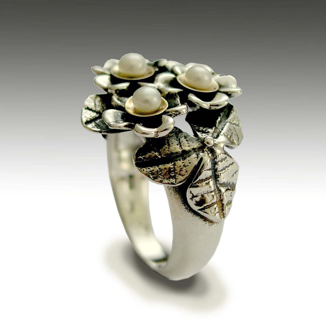 sterling Silber Ring, Blumen Wald Perlen Zwei Töne Brautjungfern Ring - With You R1689G von silvercrush