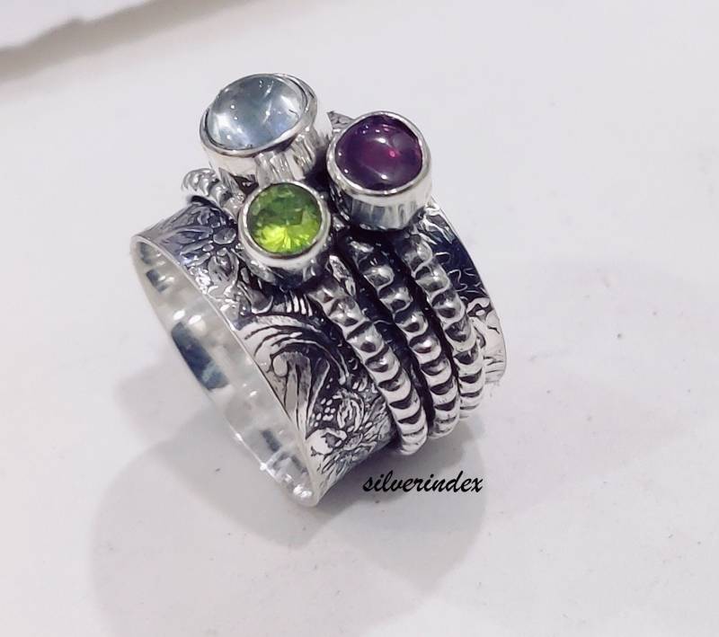 Aquamarin Spinner Ring, 925 Silber Designer Peridot Schöner Handgemachter Beliebte Drei Stein von silverindex