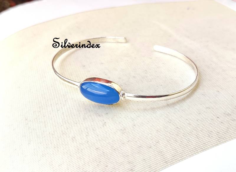 Blauer Chalcedon Armreif 925Er Silber Verstellbare Handgemachter Edelstein Boho Frauen Schmuck Geschenk Armreif von silverindex