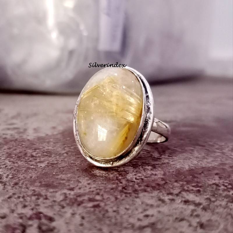 Goldener Rutilquarz-Ring 925 Sterling Silber-Ring Edelstein Ring Zierlicher Ovaler Stein-Form-Ring Designer Farbstein von silverindex