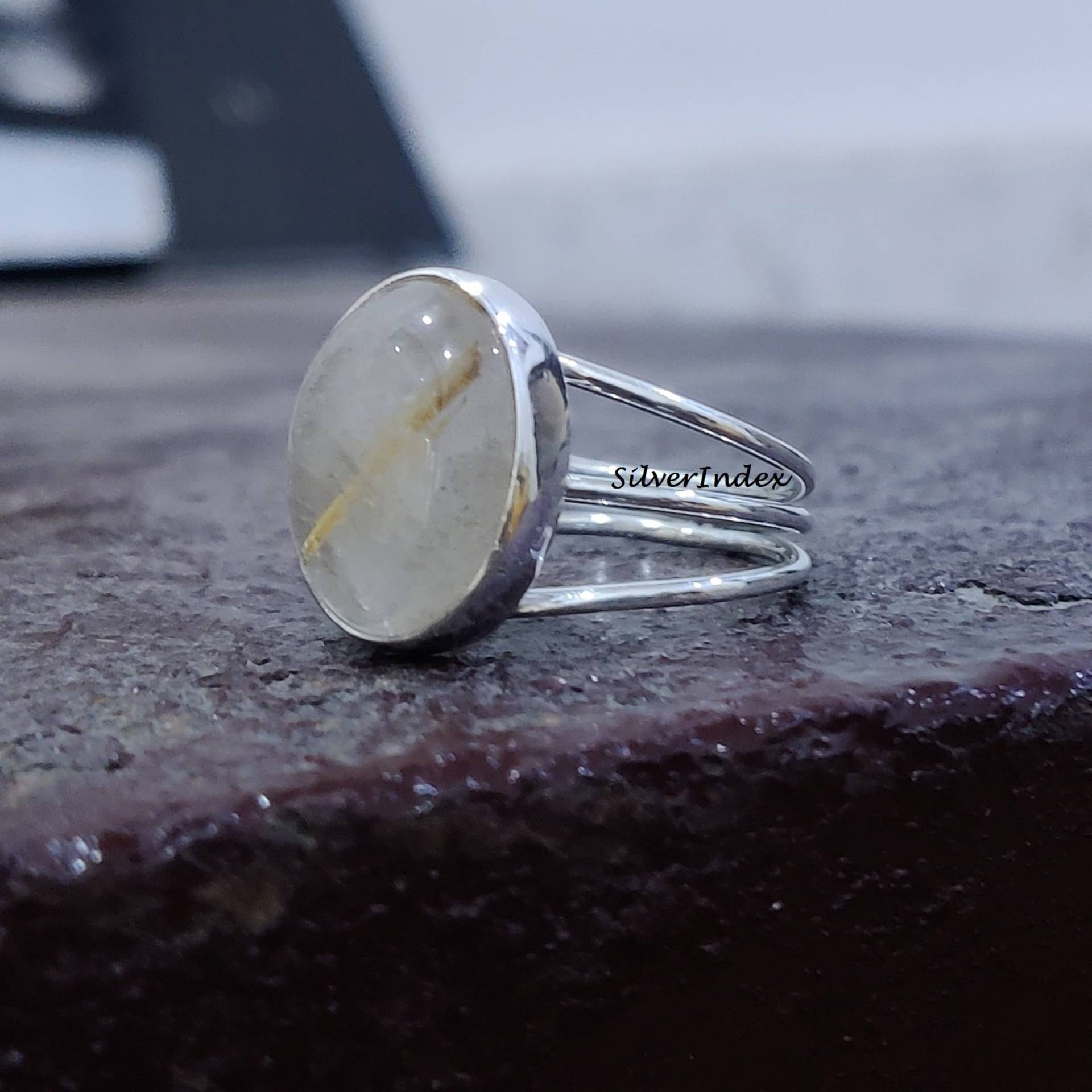 Goldener Rutilquarz-Ring 925 Sterling Silber-Ring Edelstein Ring Zierlicher Ovaler Stein-Form-Ring Designer Farbstein von silverindex