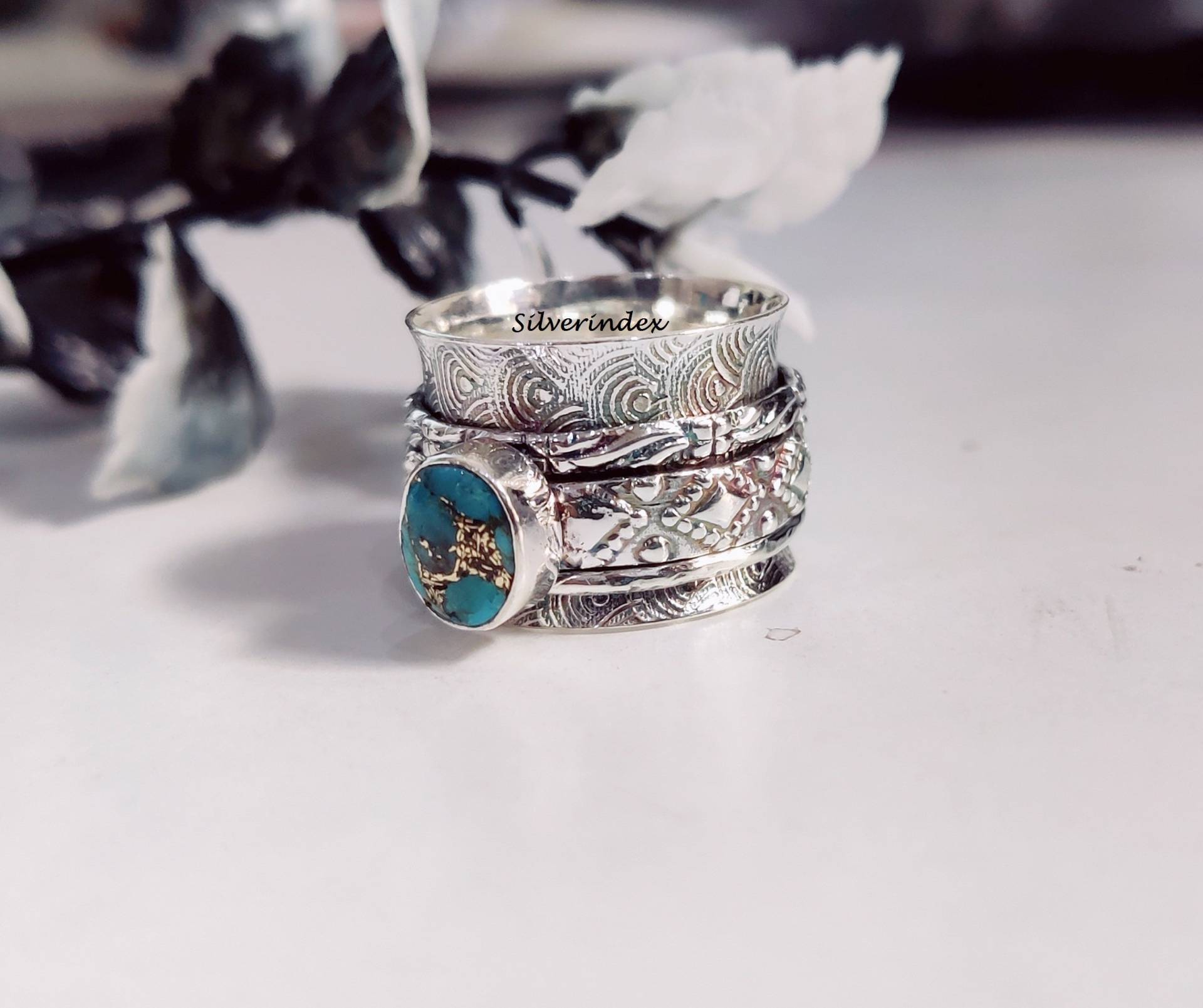 Kupfer Türkis Silber Breitband Spinner Ring, Statement Frauen Boho Drei Band, Handgemachte Ring Kupfer Türkis Silber Breitband Spinner Ring, Statement Frauen Boho Drei Band, Handgemachte Ring von silverindex