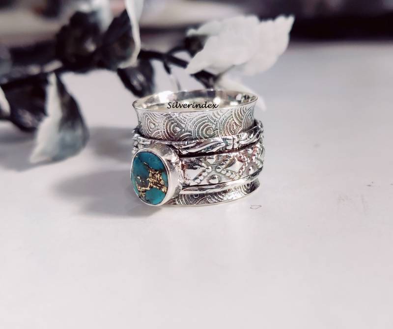 Kupfer Türkis Silber Breitband Spinner Ring, Statement Frauen Boho Drei Band, Handgemachte Ring von silverindex