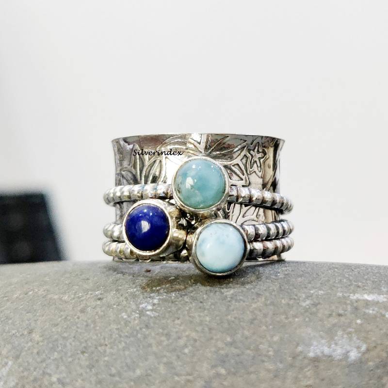 Larimar Spinner Ring, 925 Silber Fidget Designer Schöner Lapis Beliebter Drei Stein Geschenk von silverindex