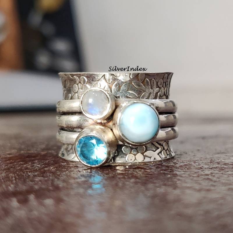 Larimar Spinner Ring, 925 Silber Fidget Sorgen Designer Mondstein Schöner Blautopas Beliebte Ring von silverindex