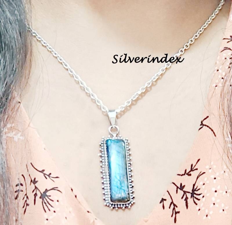 Rechteck Blue Flash Labradorit Anhänger, 925 Silber Damen Und Mädchen Halskette Handgemachte Schöne Schmuck von silverindex