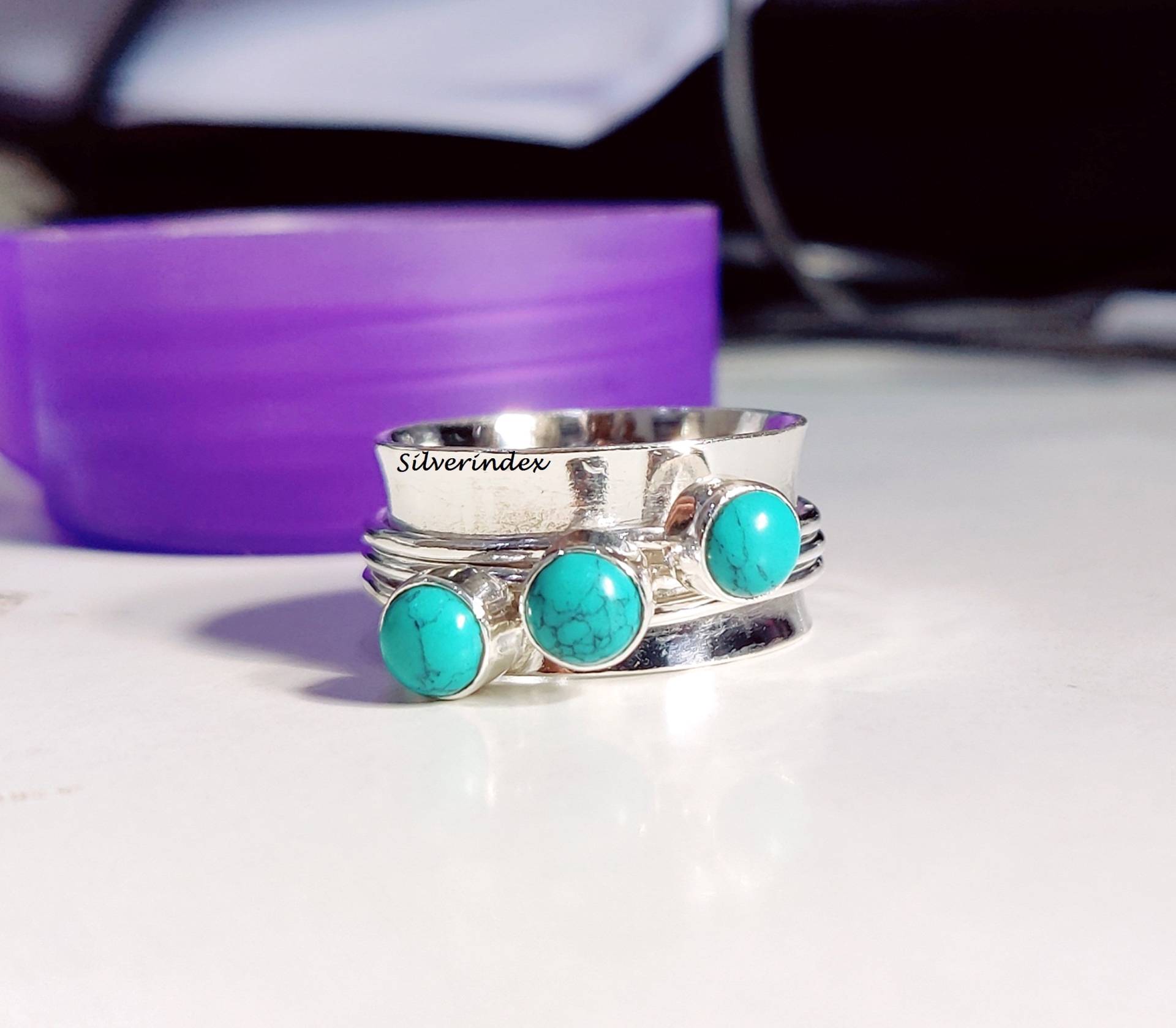 Türkis Ring, Spinner Silber Drei Stein Handgemachter Meditation Boho Frauen Schöne Ring von silverindex
