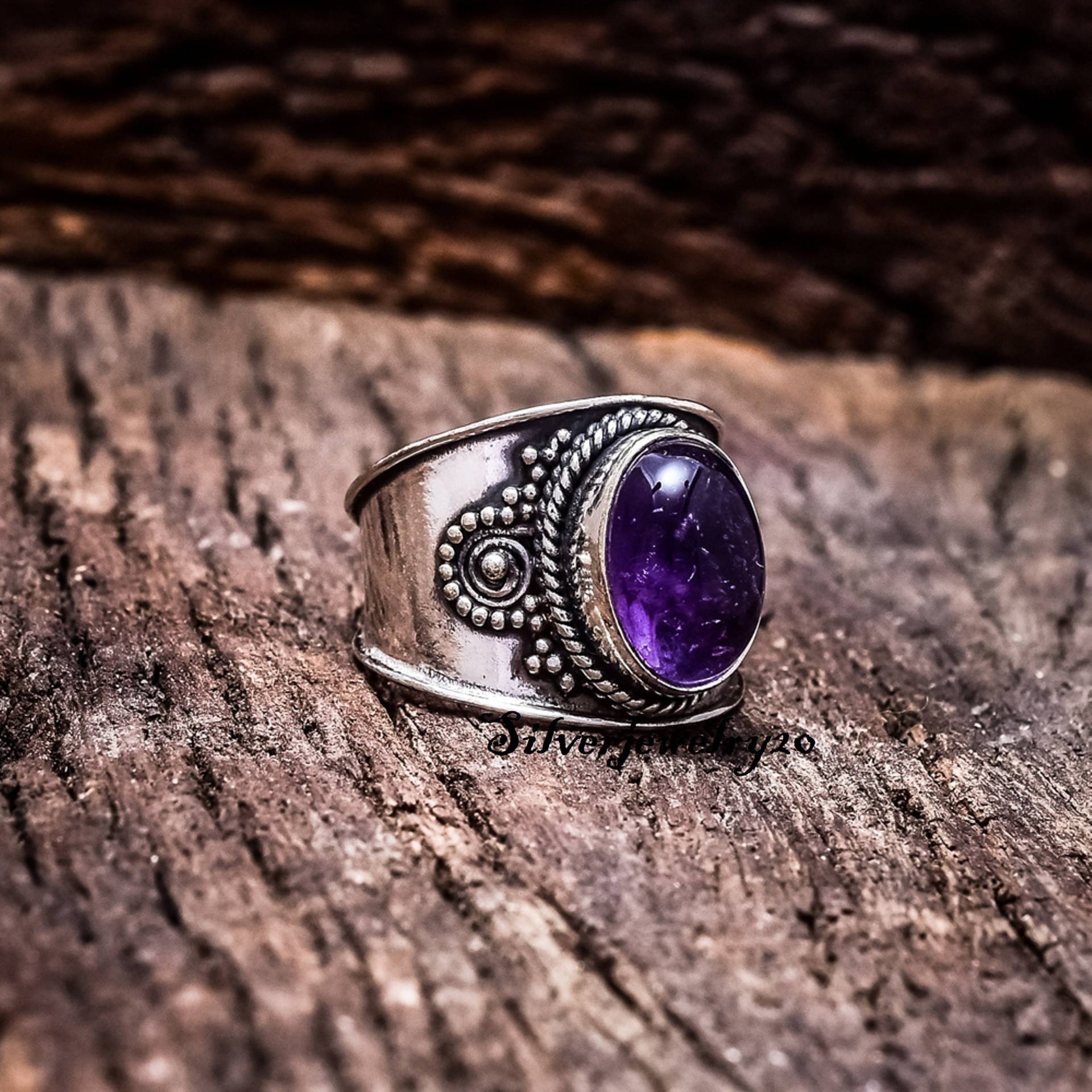 Amethyst-Ring, 925 Sterling Silber Ring, Ehering, Damenring, Versprechensring, Gehämmerter Designer-Ring, Edelstein-Ring von silverjewellery20