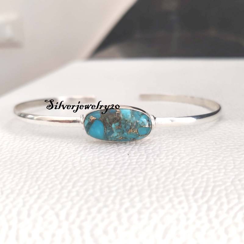 Blauer Kupfer Türkis Armreif, 925 Silber Sterling Edelstein Boho Handgemachter Frauen Armreif von silverjewellery20