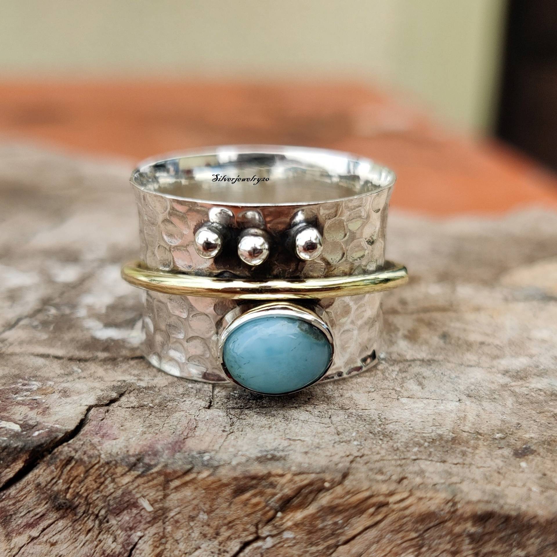 Natürlicher Larimar Ring, 925 Sterling Silber Messing Spinner Ring Handgemachter Boho Ehering, Geschenk Für Sie von silverjewellery20