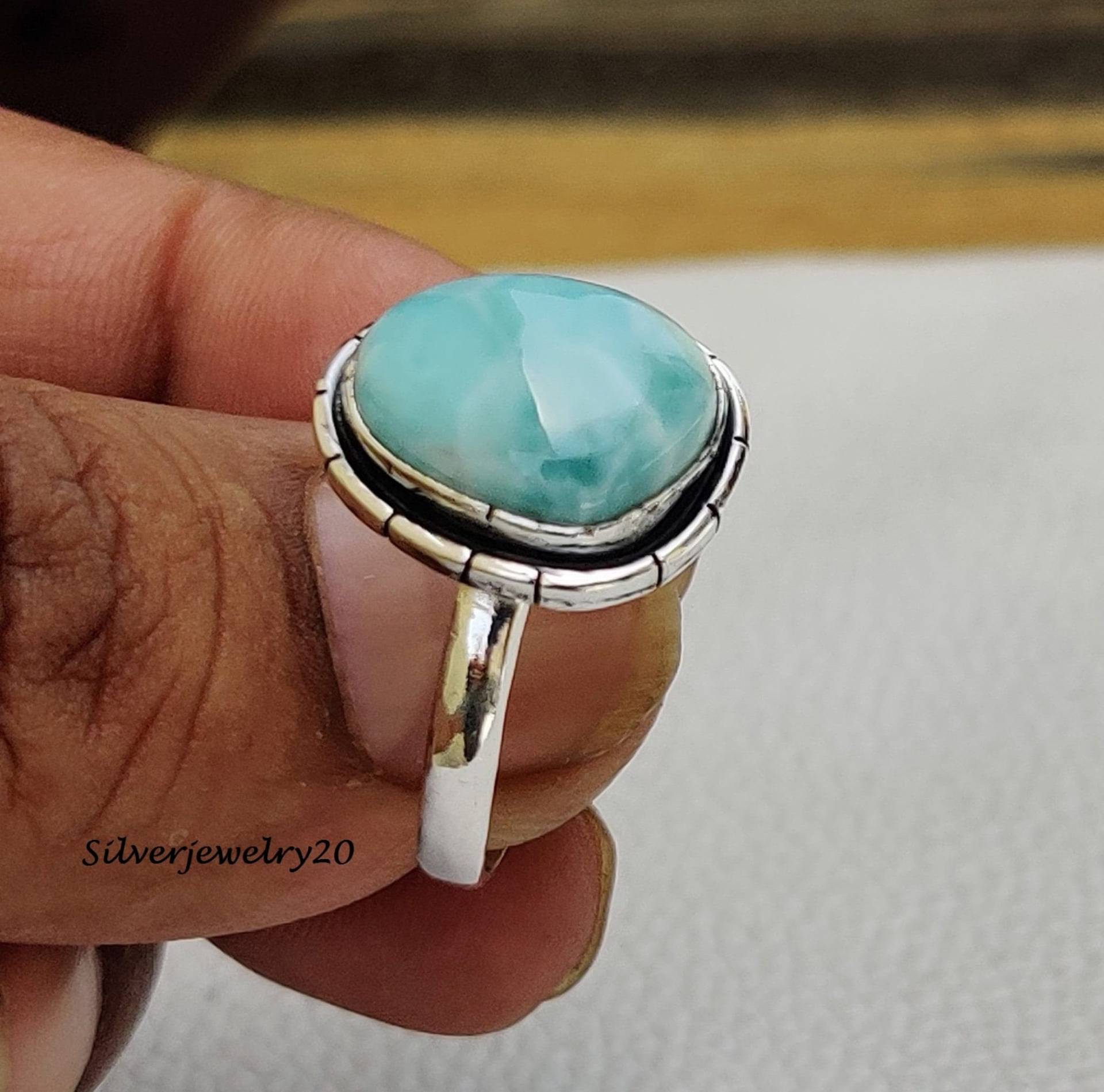 Natürlicher Larimar Ring, Bandring, 925 Sterling Silber, Handgemachter Frauenring, Ehering, Schöner Schmuck, Styling von silverjewellery20