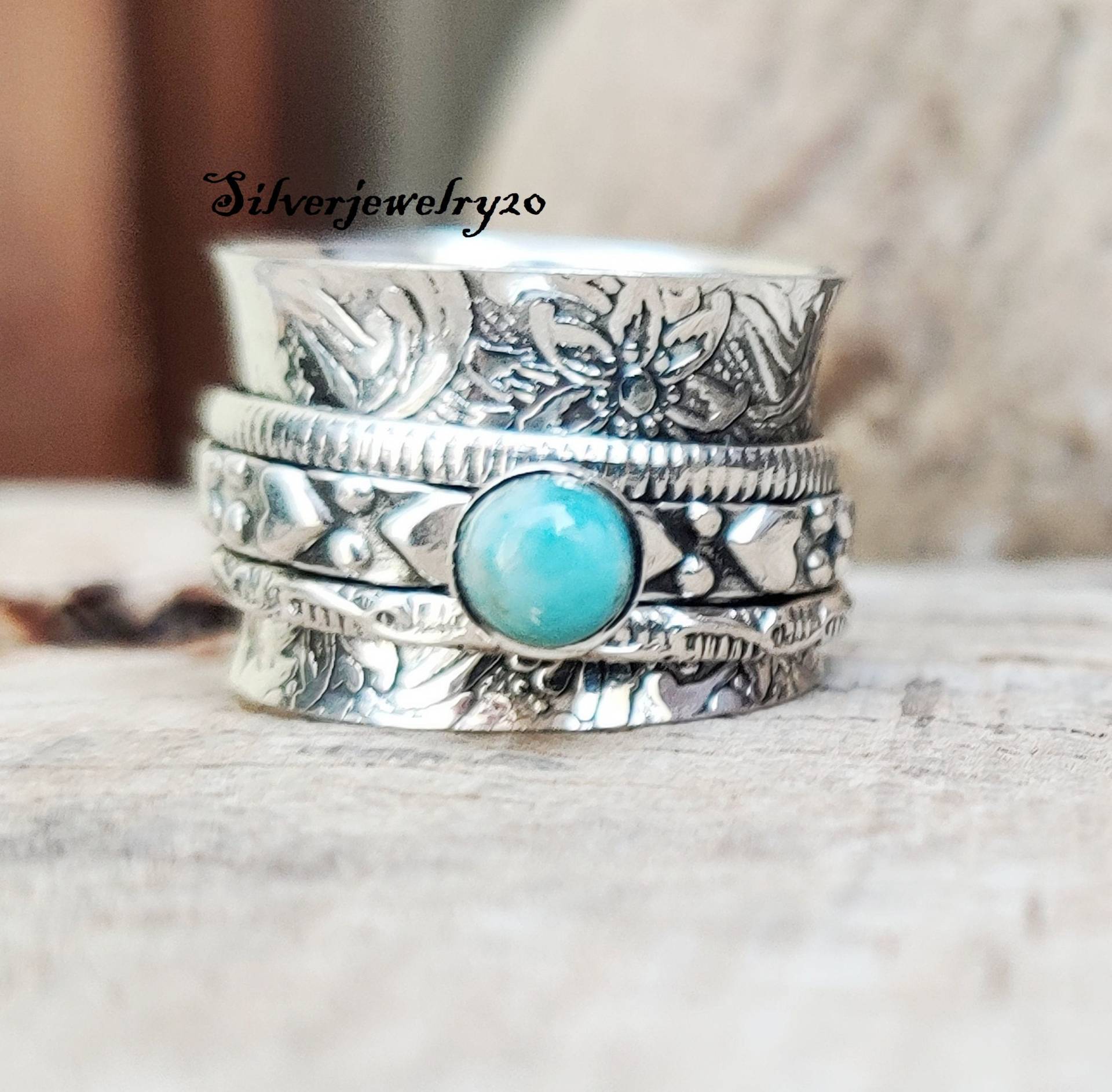 Natürlicher Larimar Ring, Spinner 925 Sterling Silber Ehering, Schmuck, Frauen Geschenk Für Sie, Sorgen von silverjewellery20