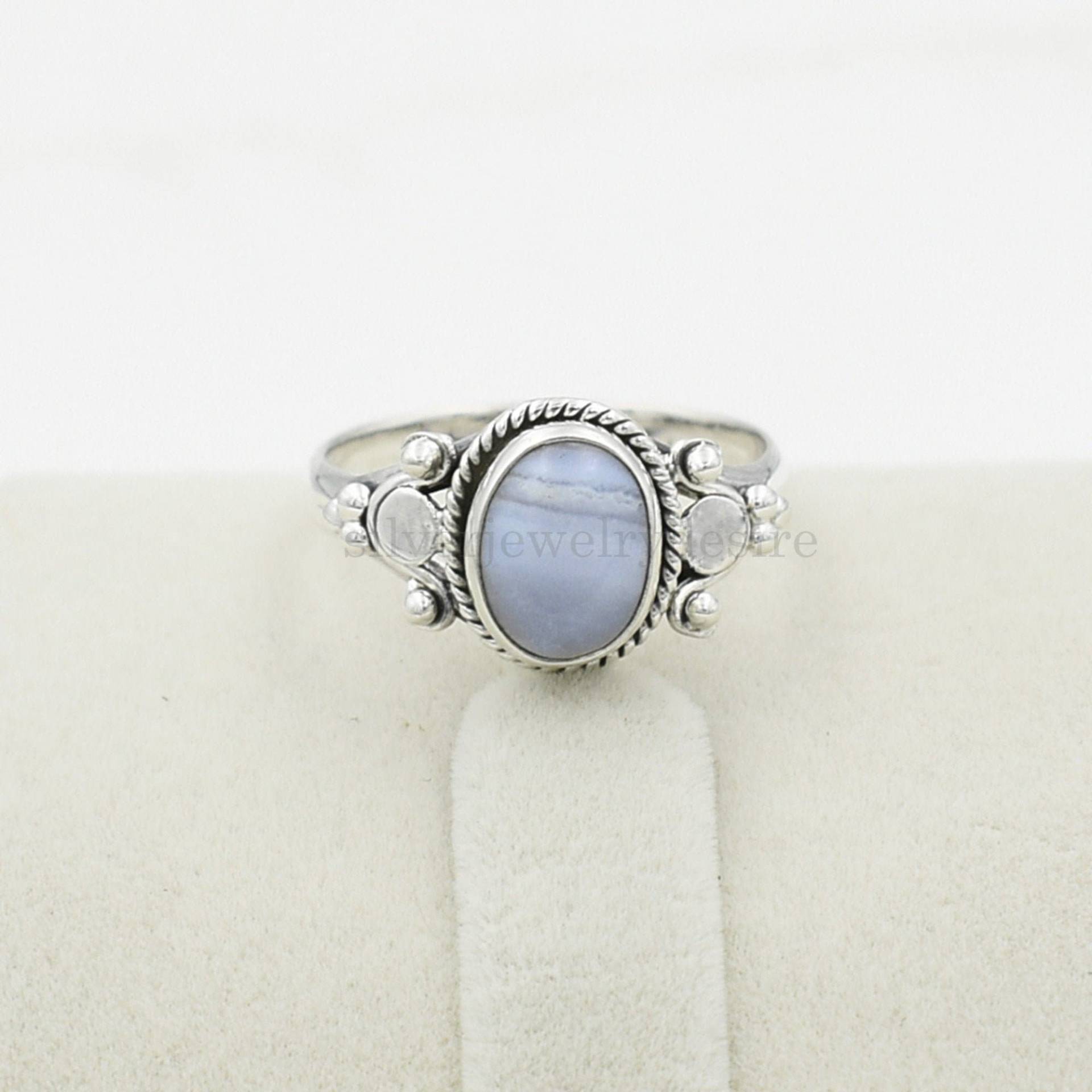 Blauer Spitzen-Achat-Ring, 925 Sterling Silber, 7x9 Mm Ovaler Ring, Achat-Ring, Oxidierter Statement-Ring, Silberring, Damen-Silberring von silverjewelrydesire