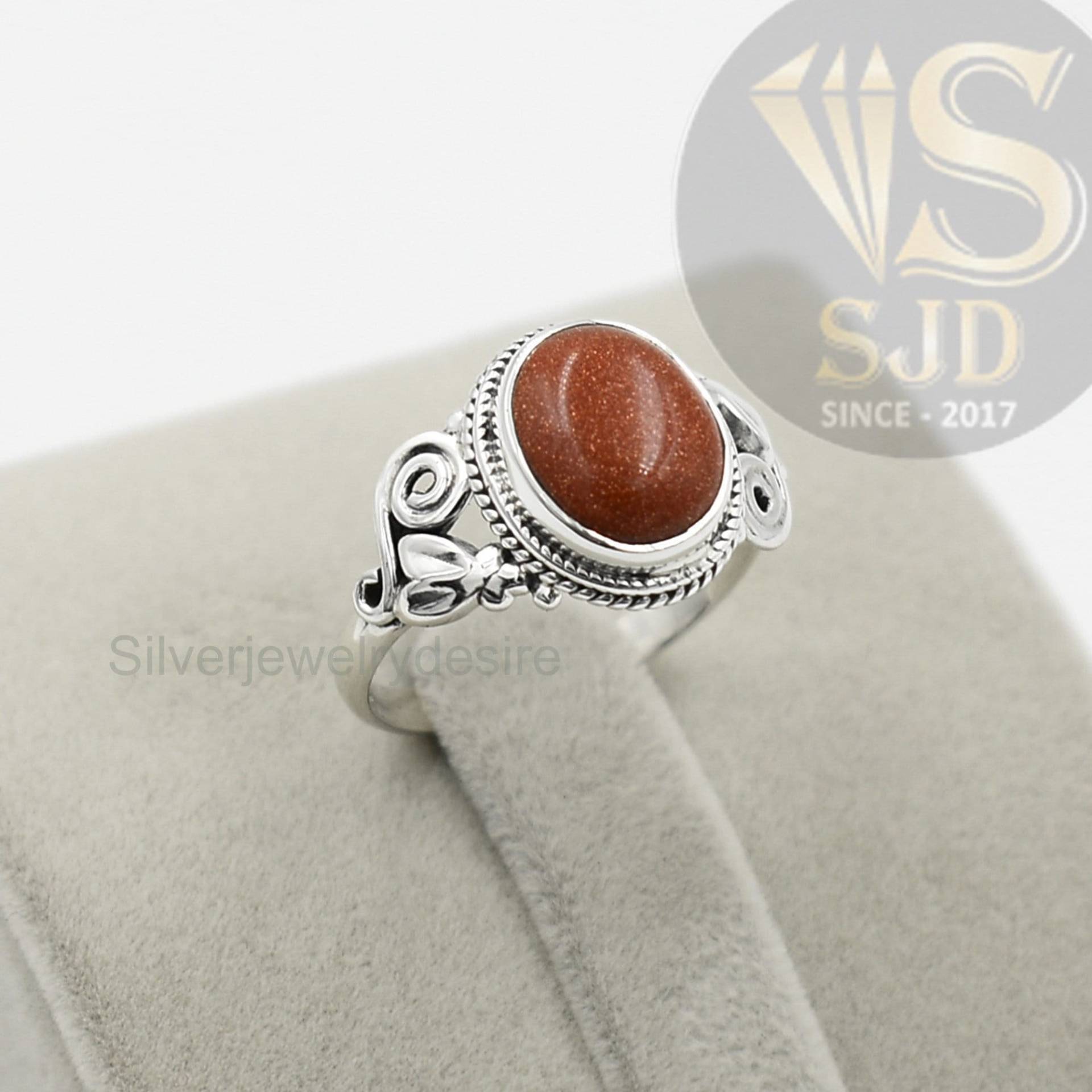 Brauner Sonnenstein Ring, 925 Sterling Silber, Goldstone 8x10 Mm Oval Statement Braun Boho Damen Silber Ring von silverjewelrydesire