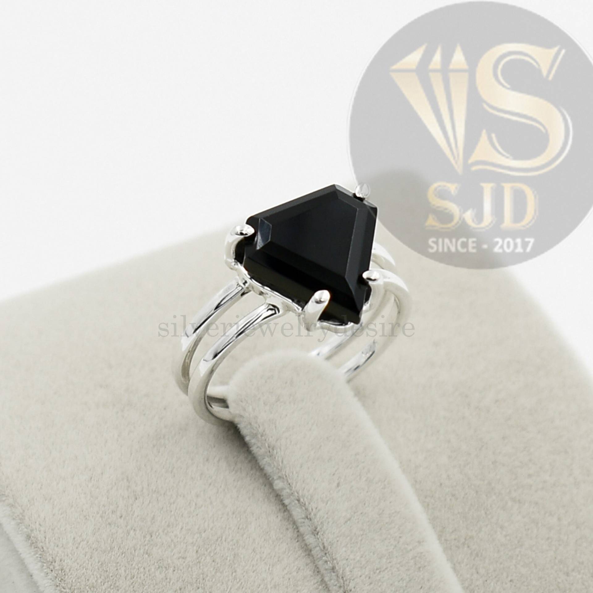 Erstaunlicher Schwarzer Onyx-Ring, Krappenring, 925Er Sterlingsilber, Onyx 12 Mm Diamant-Form-Ring, Silberring, Doppelbandring, Ehering von silverjewelrydesire