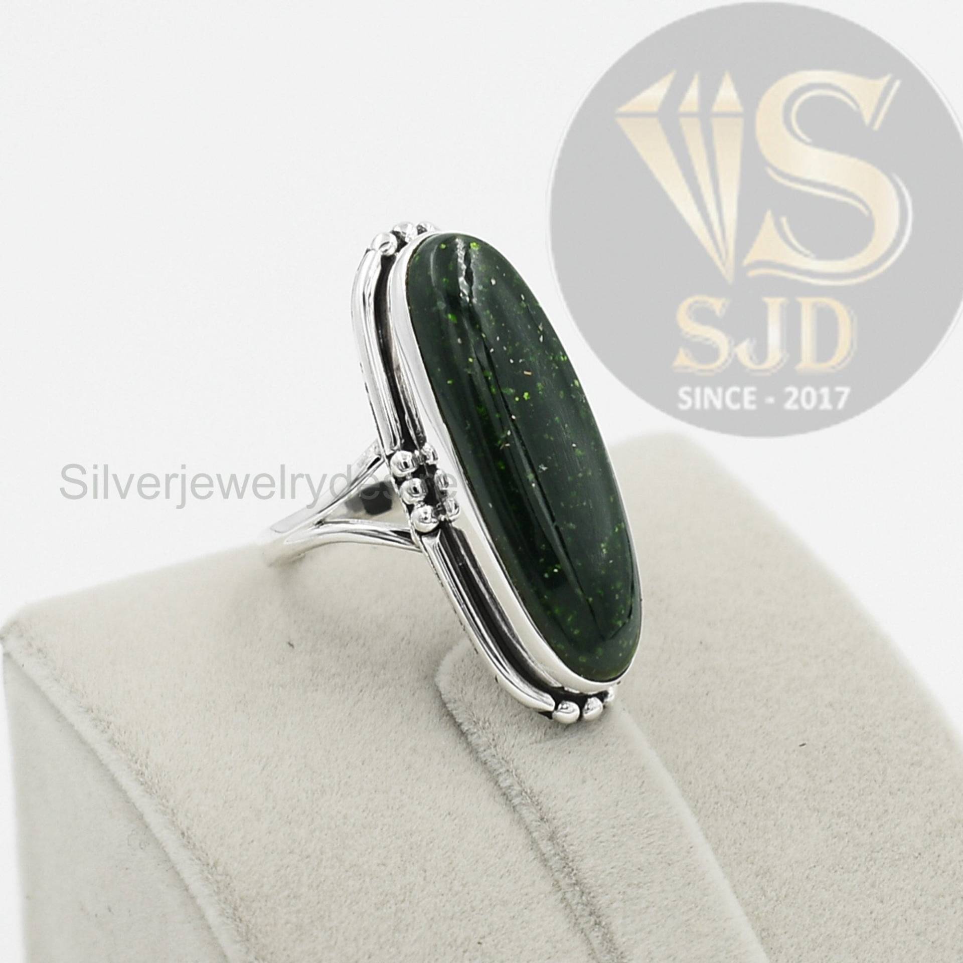 Leuchtender Grün Goldstone Ring, 925 Sterling Silber, 10x30 Mm Lang Oval Sonnenstein Edelstein Ehering, Damenring Ring von silverjewelrydesire