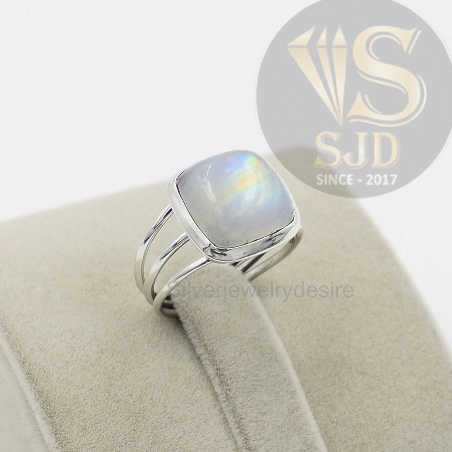 Mondstein-Ring, 925 Sterling Silber Ring, Mondstein 12 Mm Kissen-Edelstein-Ring, Silberring, Boho-Ring, Dreifach-Band-Ring, Damenring von silverjewelrydesire