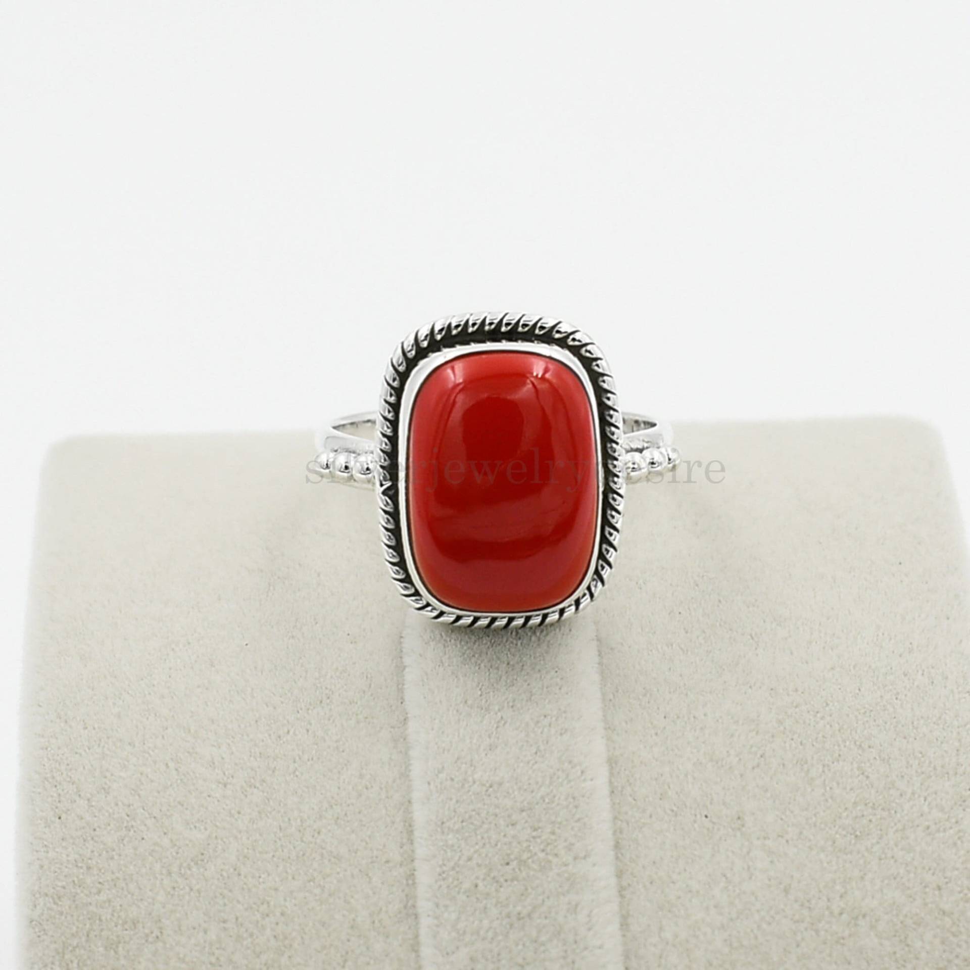 Rote Koralle Ring, 925 Sterling Silber, 10x14 Mm Kissen Korallen Edelstein Statement Silberring, Frauen Ring von silverjewelrydesire