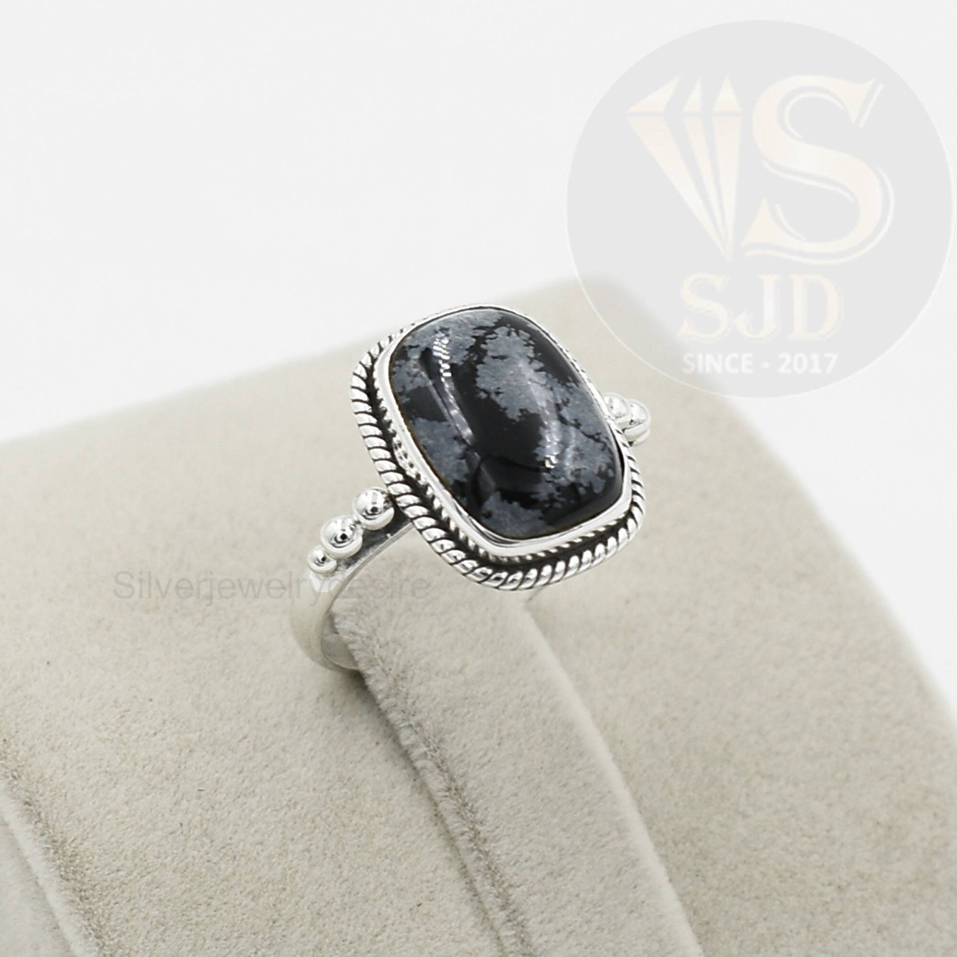 Schneeflocken-Obsidian-Ring, 925 Sterling Silber, Obsidian-Ring, 10 X 14 Mm Kissen-Edelstein-Ring, Silberring, Damenring, Statement-Ring, Geschenk von silverjewelrydesire