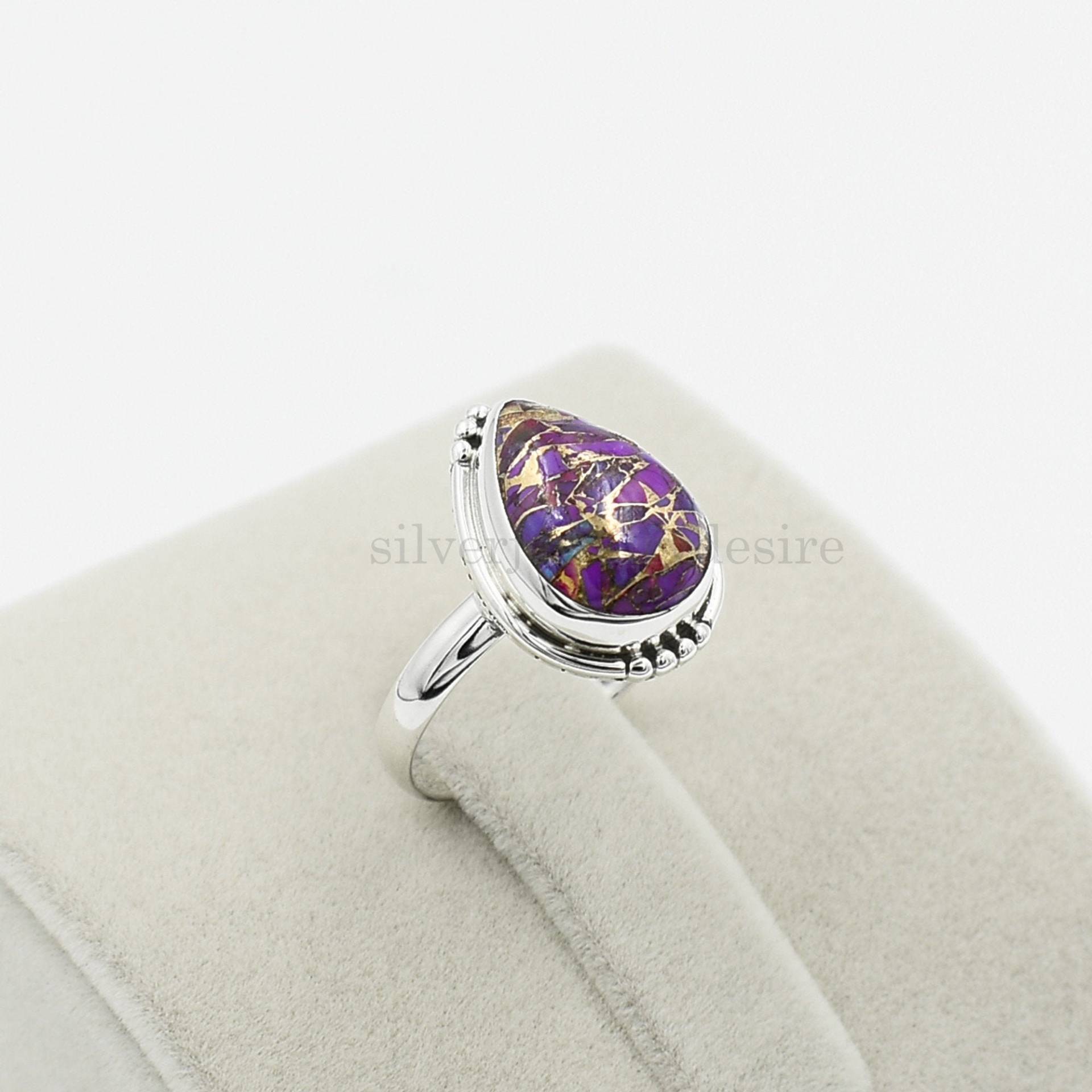 Türkiser Ring, 925 Sterling Silber Lila Kupfer Türkis 10x14 Mm Birnen-Edelstein-Ring, Silberring, Ringe Für Damen, Boho-Ring von silverjewelrydesire