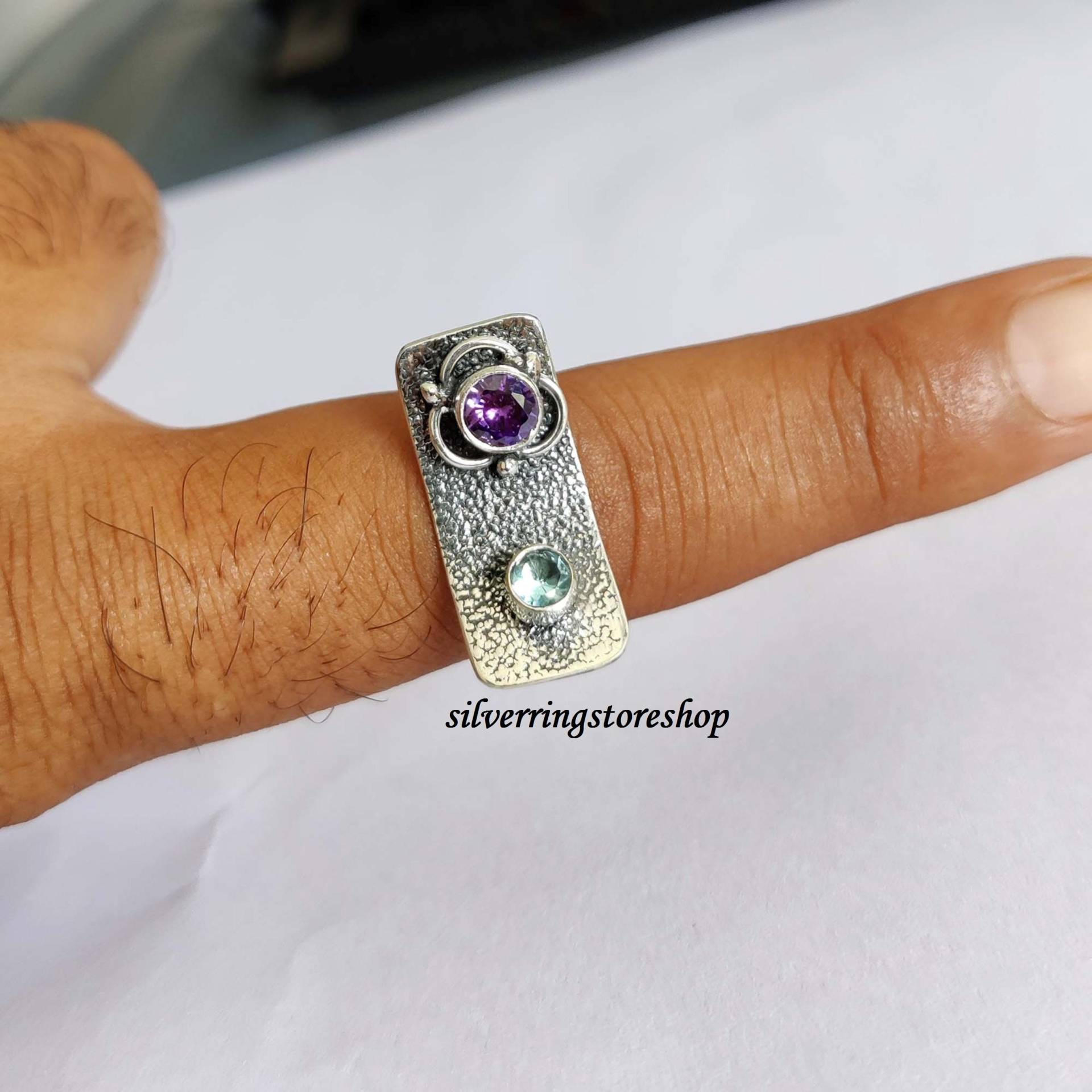 Amethyst, Blautopas Stein Ring, 925 Sterling Silber Bandring, Fidget Zierliche Handgemachter Edelstein Geschenk Für Sie von silverringstoreshop