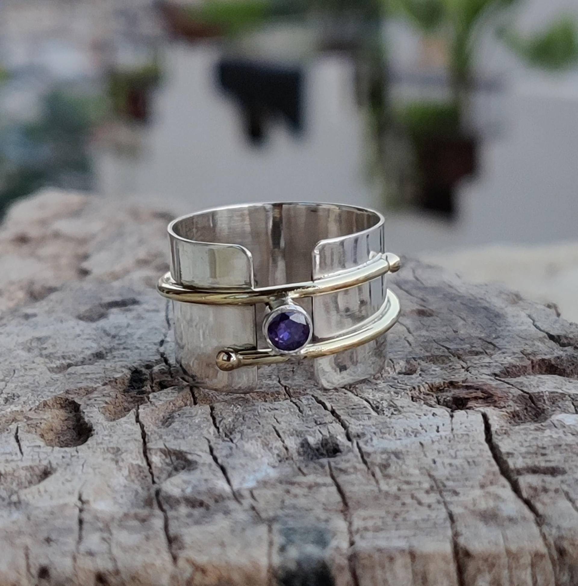 Amethyst Ring, 925 Sterling Silber, Statement Messing Bandring, Zarte Handgemachte Edelstein Fidget Geschenk Für Het von silverringstoreshop