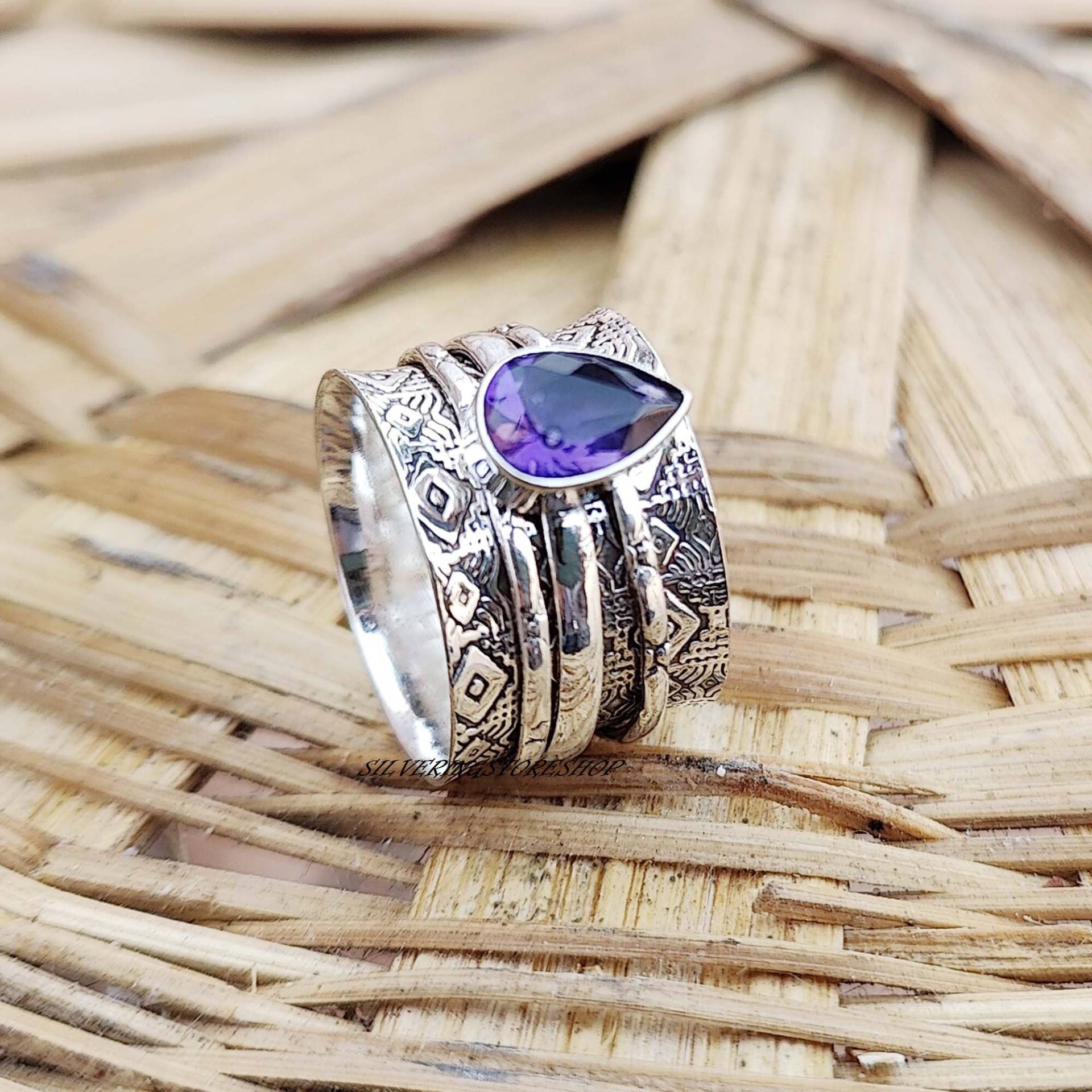 Amethyst Spinner Ring, 925 Sterling Silber Handgemachter Frauen Schöner Boho Angst Versprochen Geschenke von silverringstoreshop