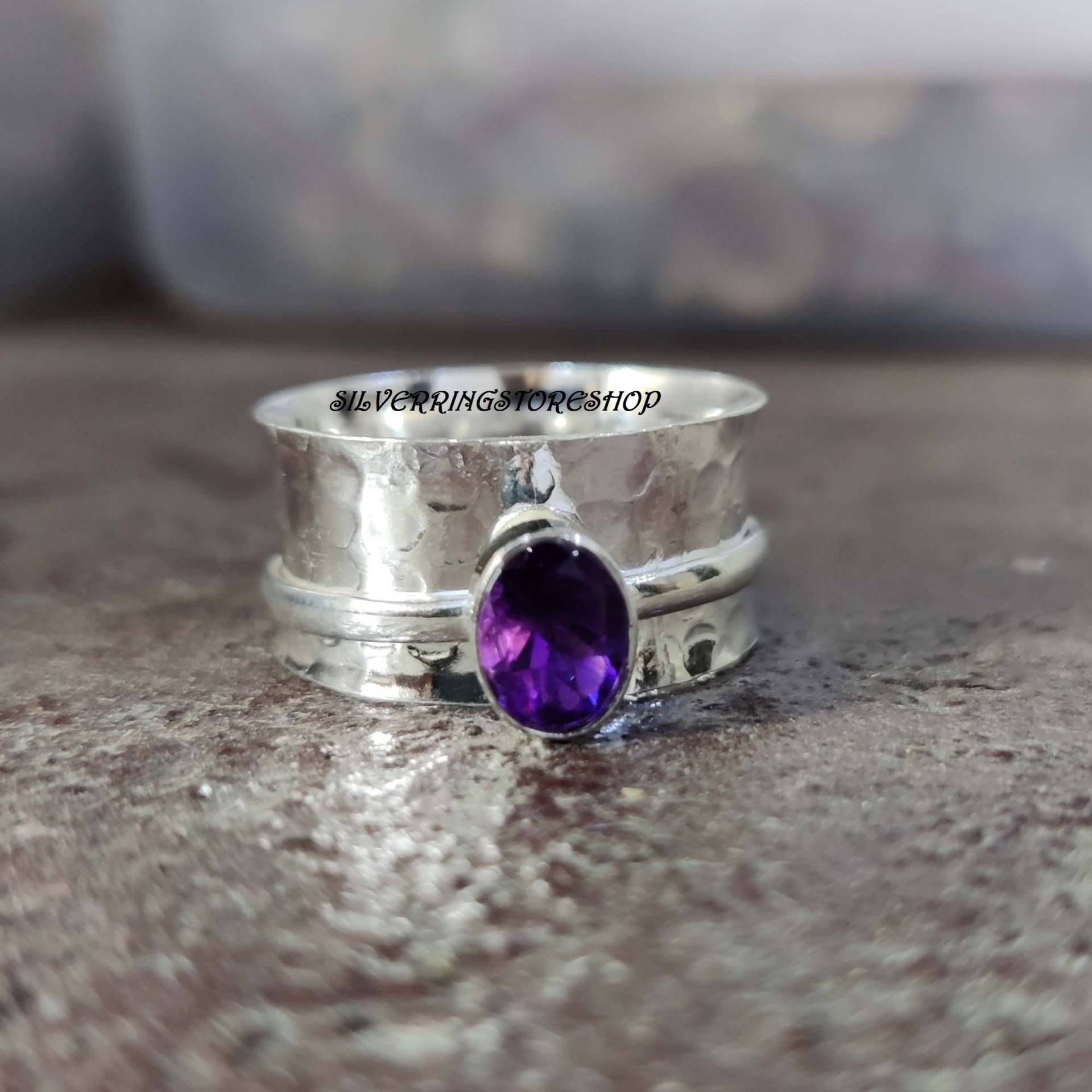 Amethyst Stein Ring, 925 Sterling Silber Bandring, Boho Zarte Statement Fidget Handgemachter Geschenk Für Sie von silverringstoreshop