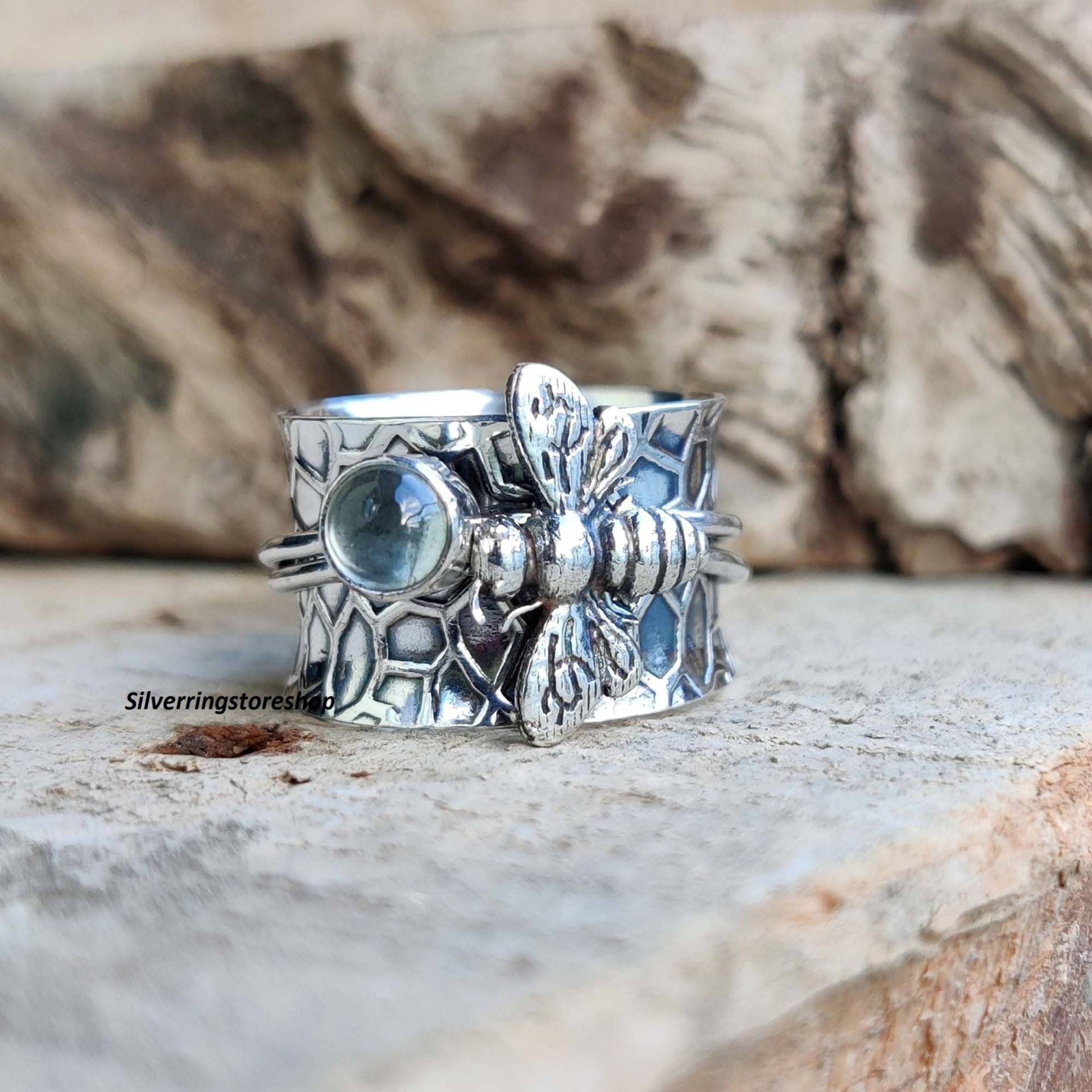 Aquamarin Ring, Biene Spinner 925 Sterling Silber Fidget Zarte Handgemachter Schmuck Peace, Geschenk Für Sie von silverringstoreshop