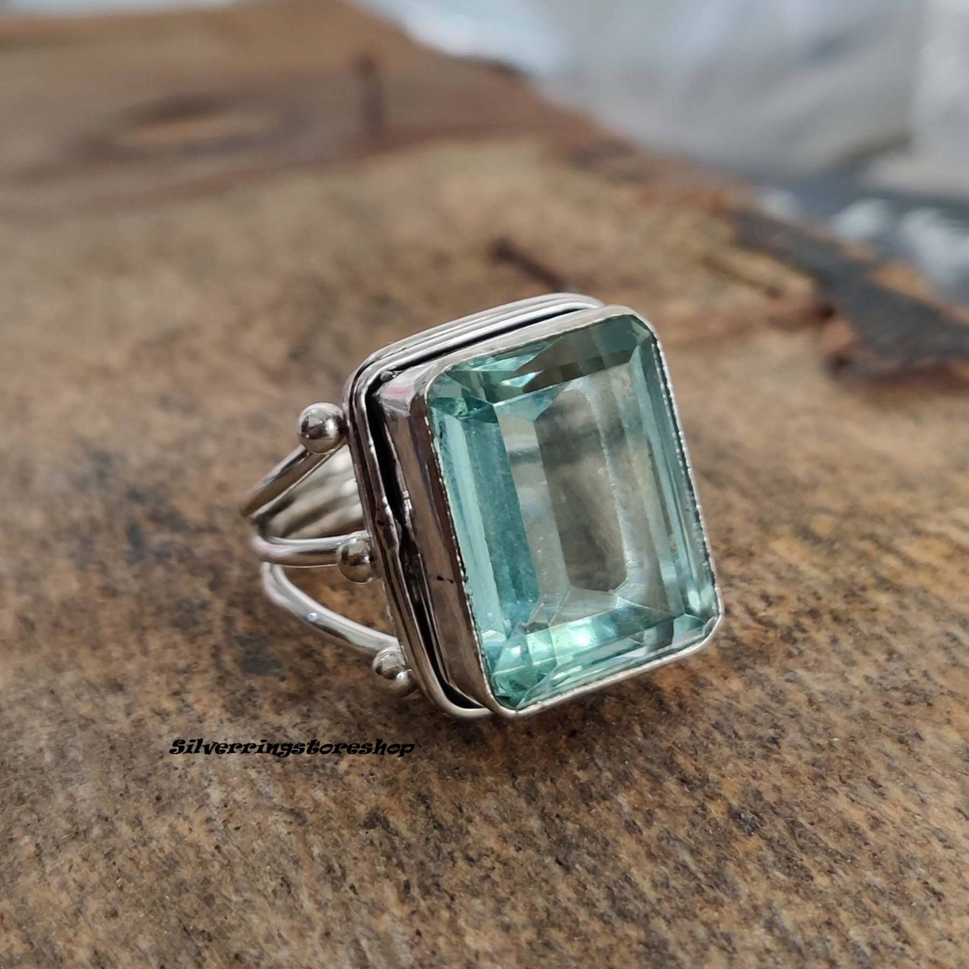 Aquamarinring, Silberbandring, 925Er Silberring, Edelsteinring, Versprochener Ring, Beliebter Meditationsring, Handgemachter Geschenk Für Sie von silverringstoreshop