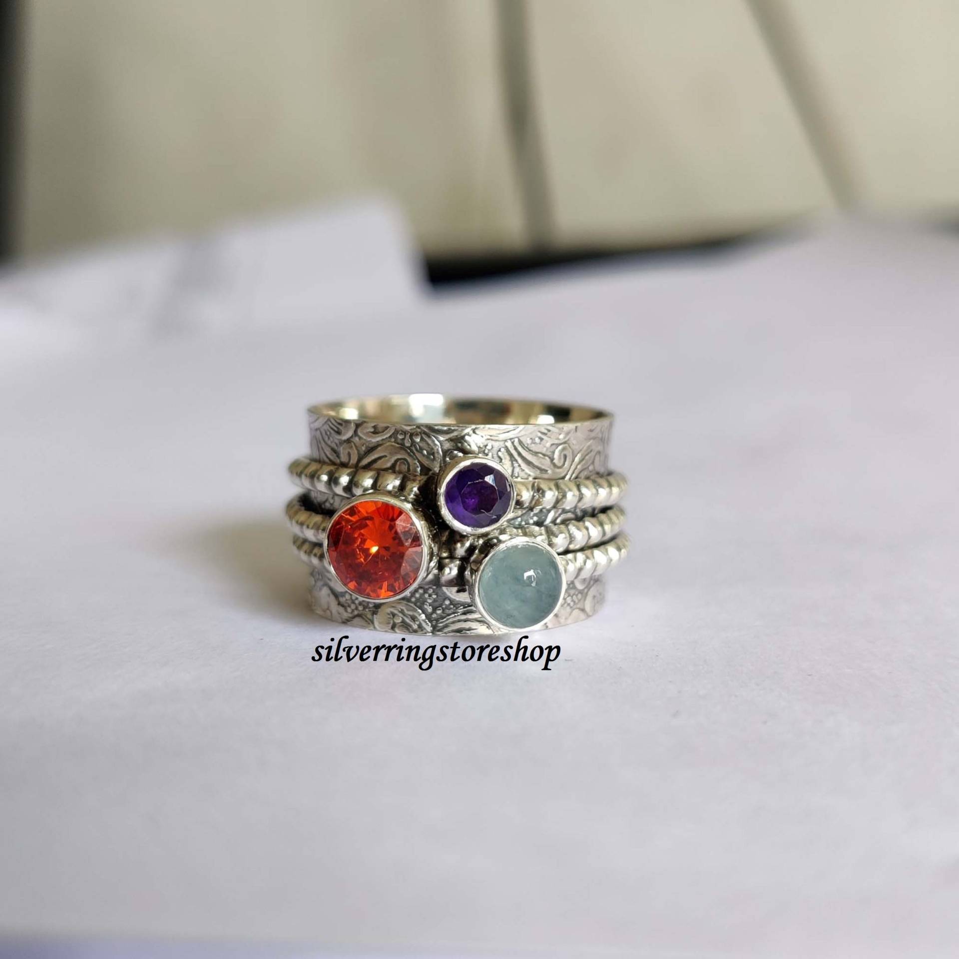 925 Sterling Silber Ring, Granat, Aquamarin, Amethyst Stein Bandring, Handgemachter Edelstein Geschenk Für Sie von silverringstoreshop