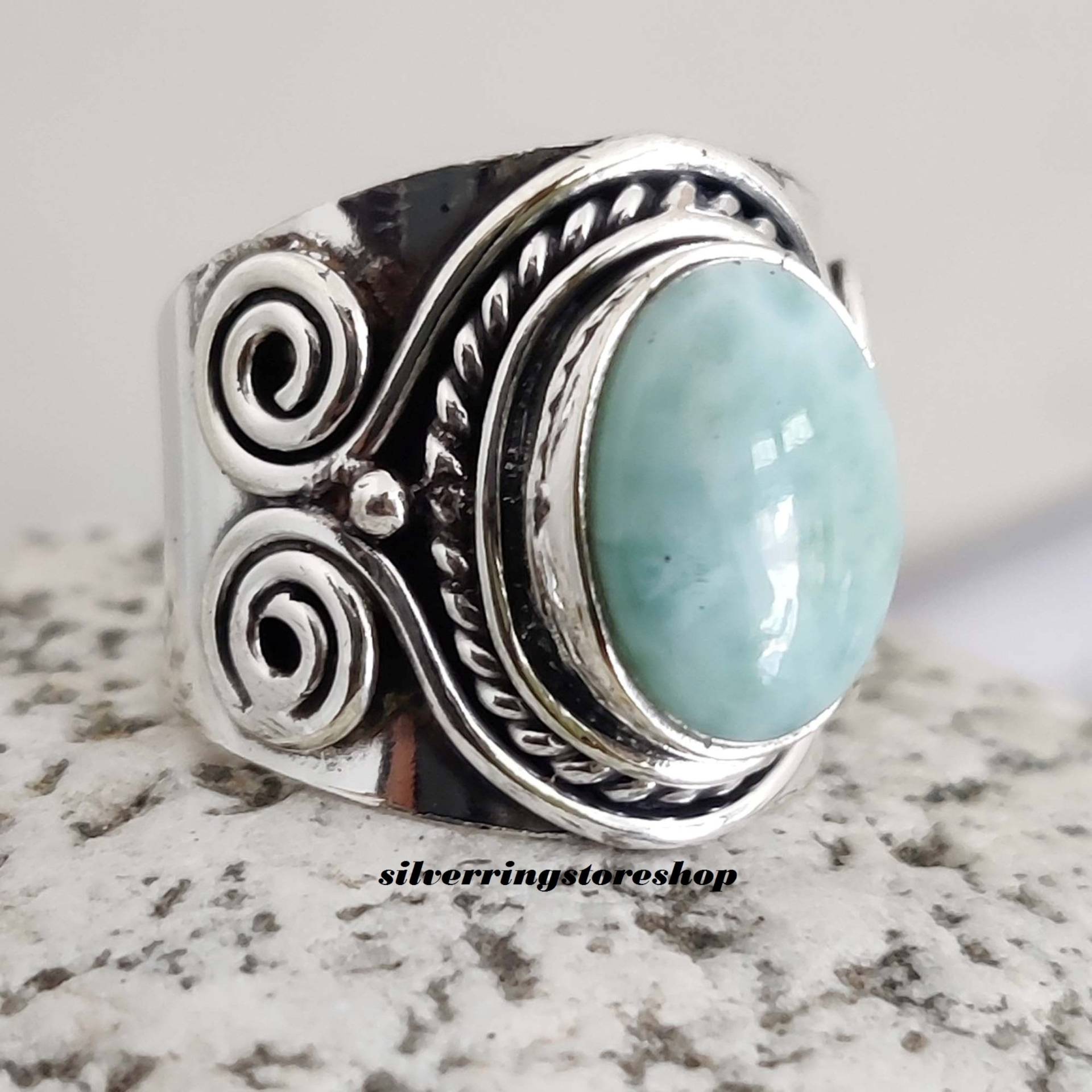 Natürlicher Larimar-Ring, 925 Sterling Silber Ring, Handgemachter Schöner Beliebter Boho-Ring, Larimar-Schmuck, Blauer Stein von silverringstoreshop