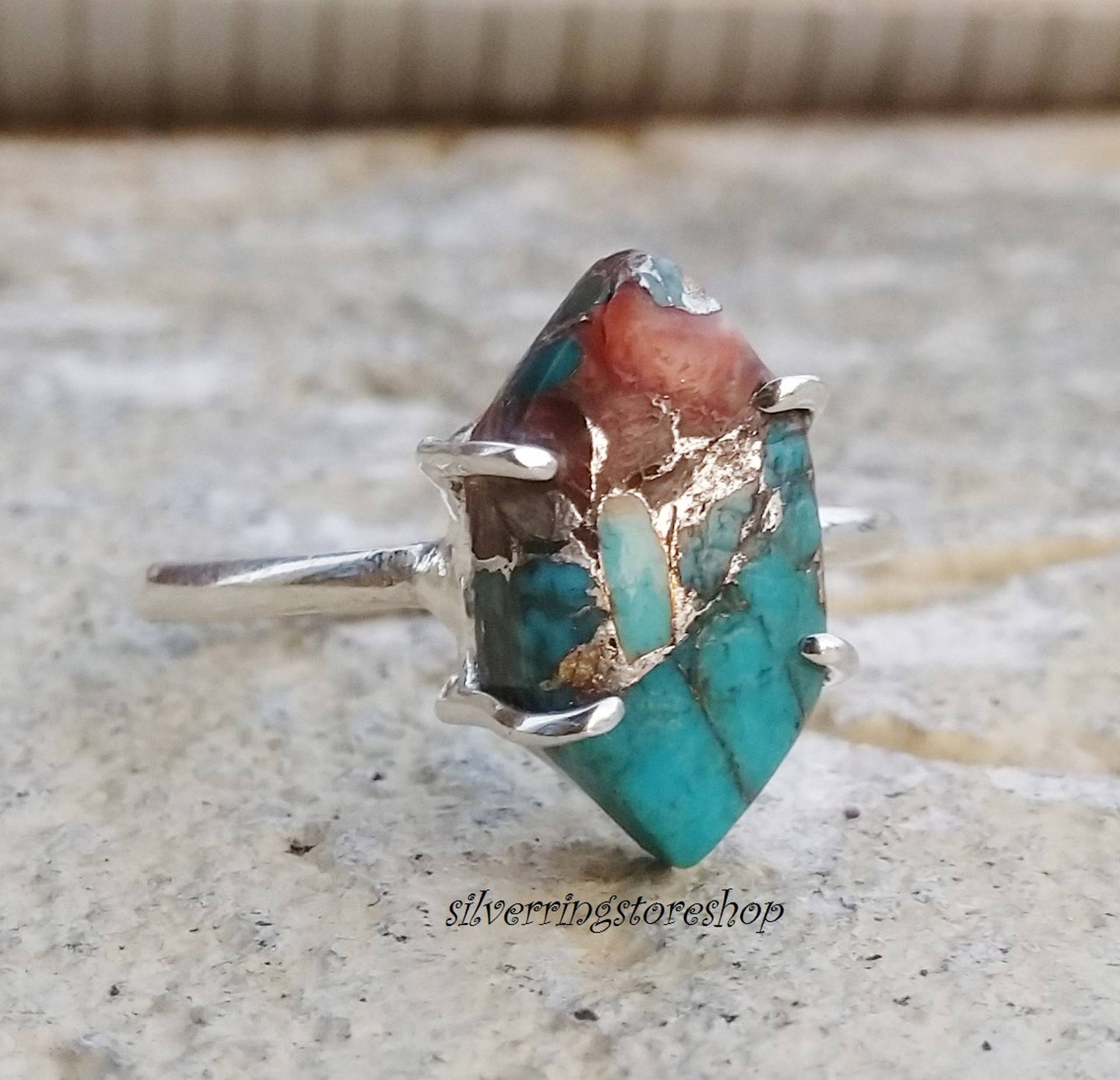 Auster Türkis Kupfer Ring, 925 Sterling Silber Zarte Bandring, Handgemachter Edelstein Schmuck Geschenk Für Sie von silverringstoreshop